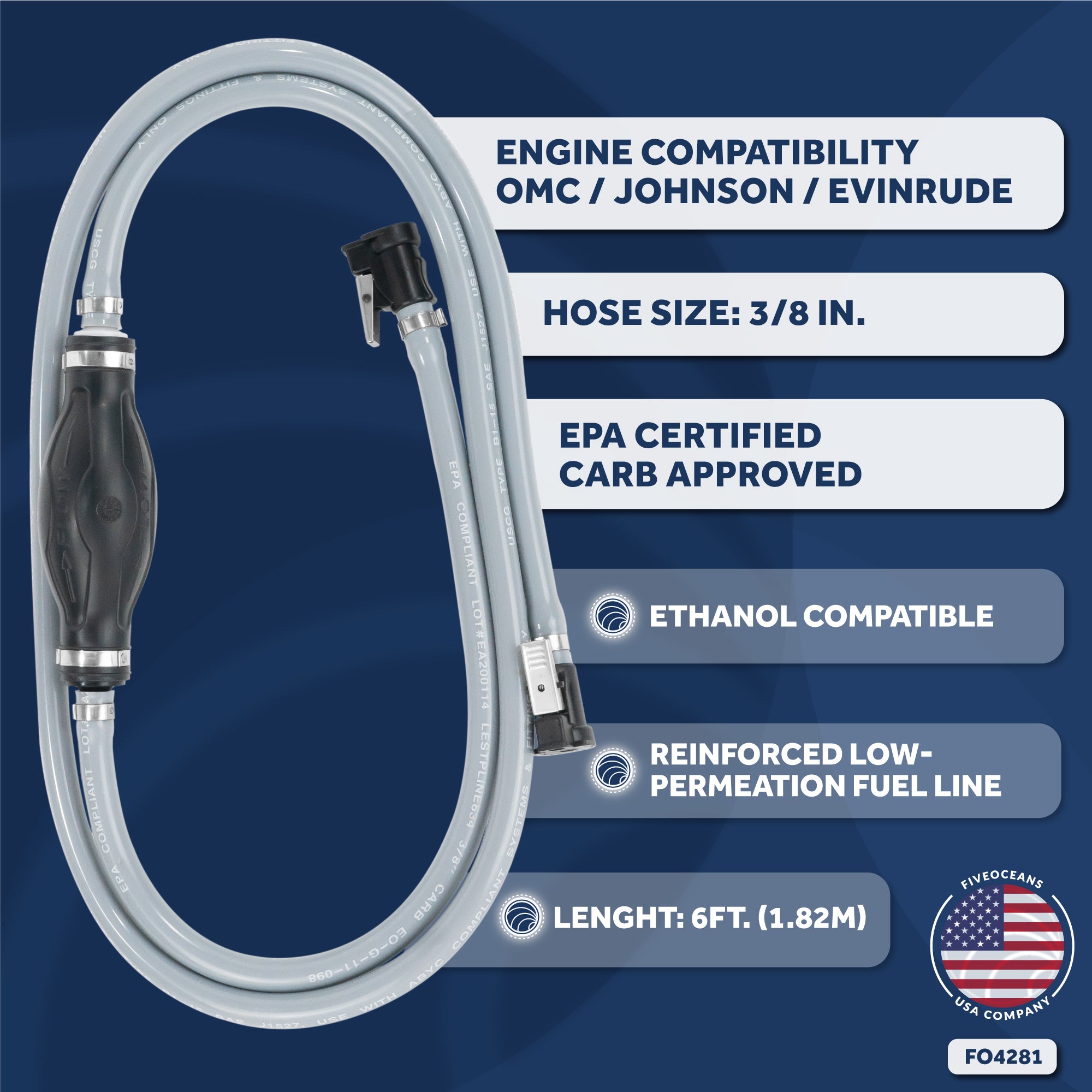 Fuel Line with Primer Bulb for OMC/Johnson/Evinrude, 3/8" Hose x 6' Long, EPA/CARB - FO4281
