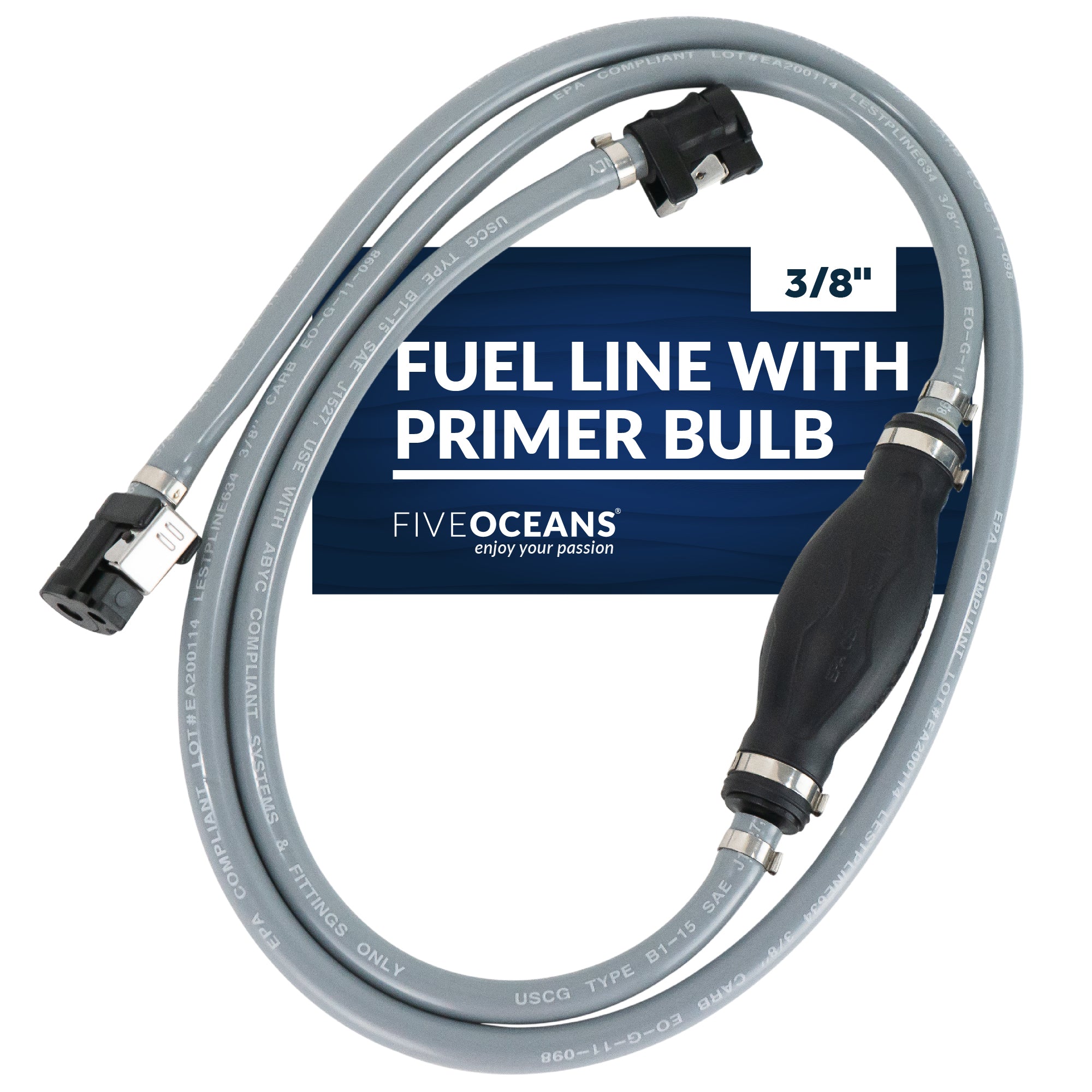 Fuel Line with Primer Bulb for Yamaha/Mercury, 3/8" Hose x 6' Long, EPA/CARB - FO4285