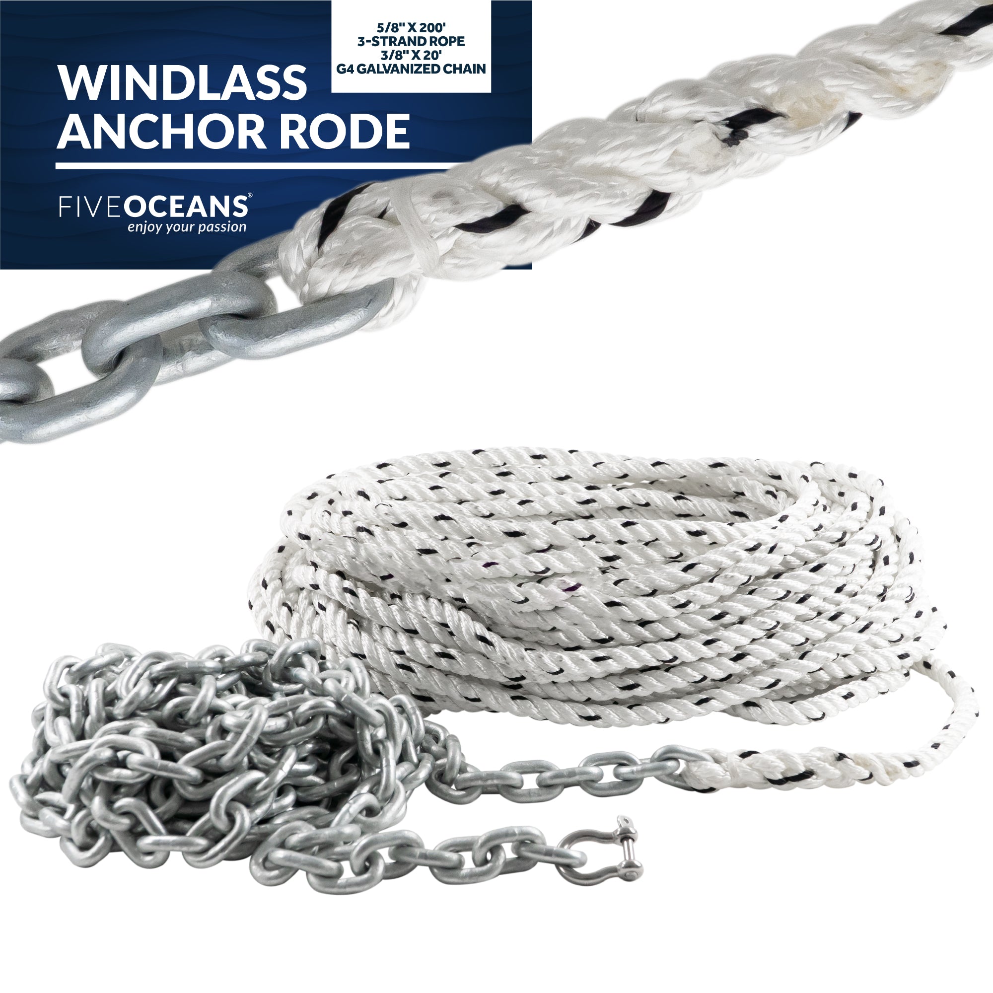 Windlass Anchor Rode, 5/8" x 200' Nylon 3-Strand Rope, 3/8" x 20'  G4 Hot-Dipped Galvanized Steel Chain - FO4290