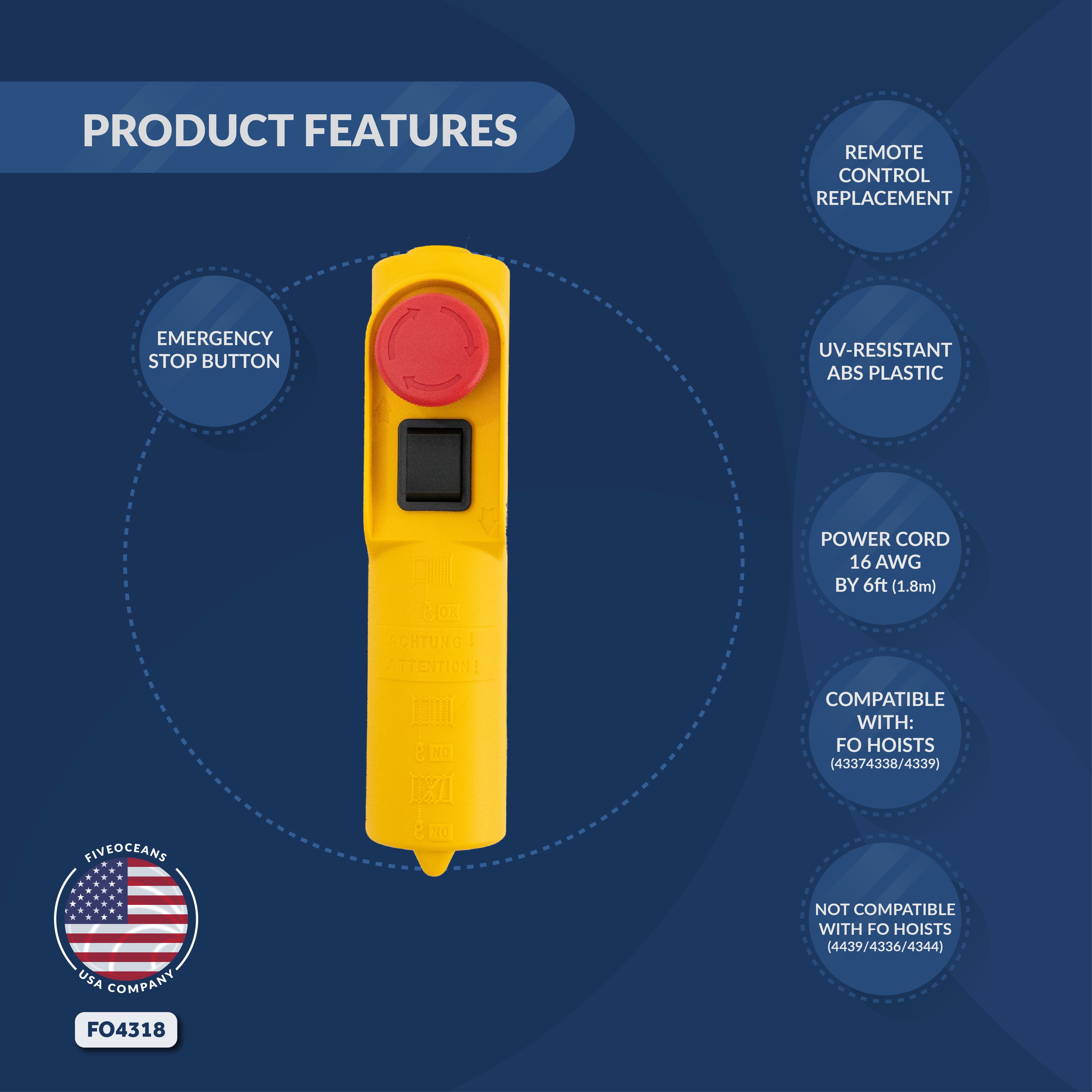 Remote Control Replacement for Overhead Electric Hoist Crane, 6' - FO4318