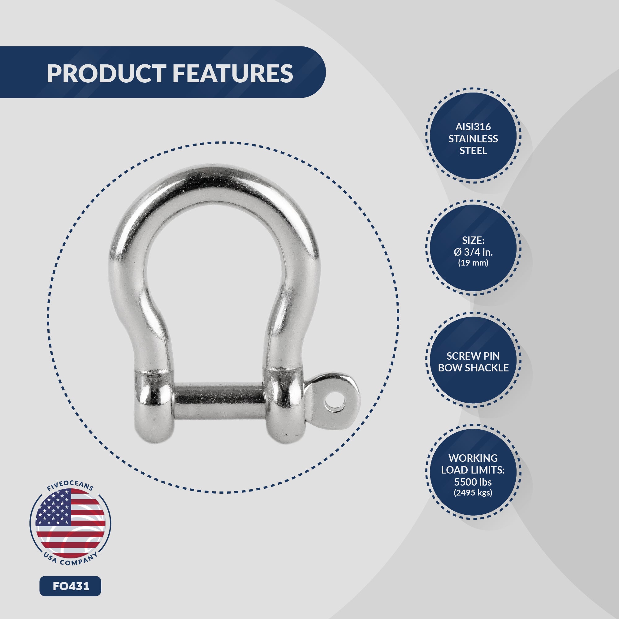 3/4" (19mm) Screw Pin Anchor Bow Shackle, Stainless Steel - FO431 - Five Oceans