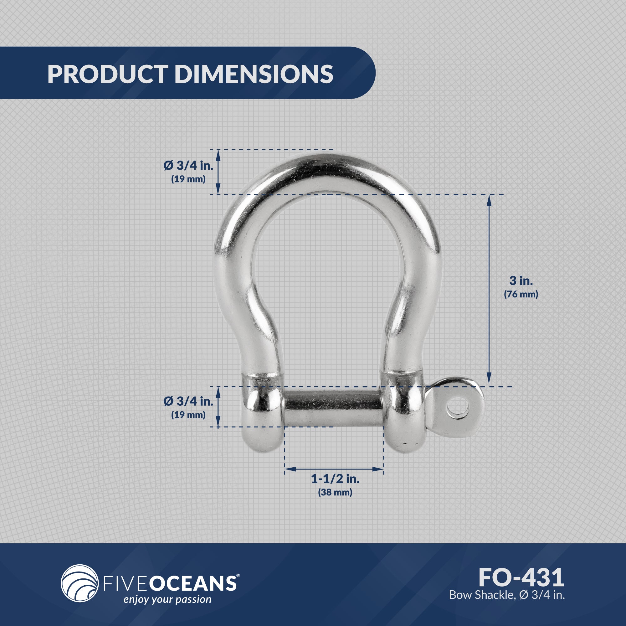 3/4" (19mm) Screw Pin Anchor Bow Shackle, Stainless Steel - FO431 - Five Oceans