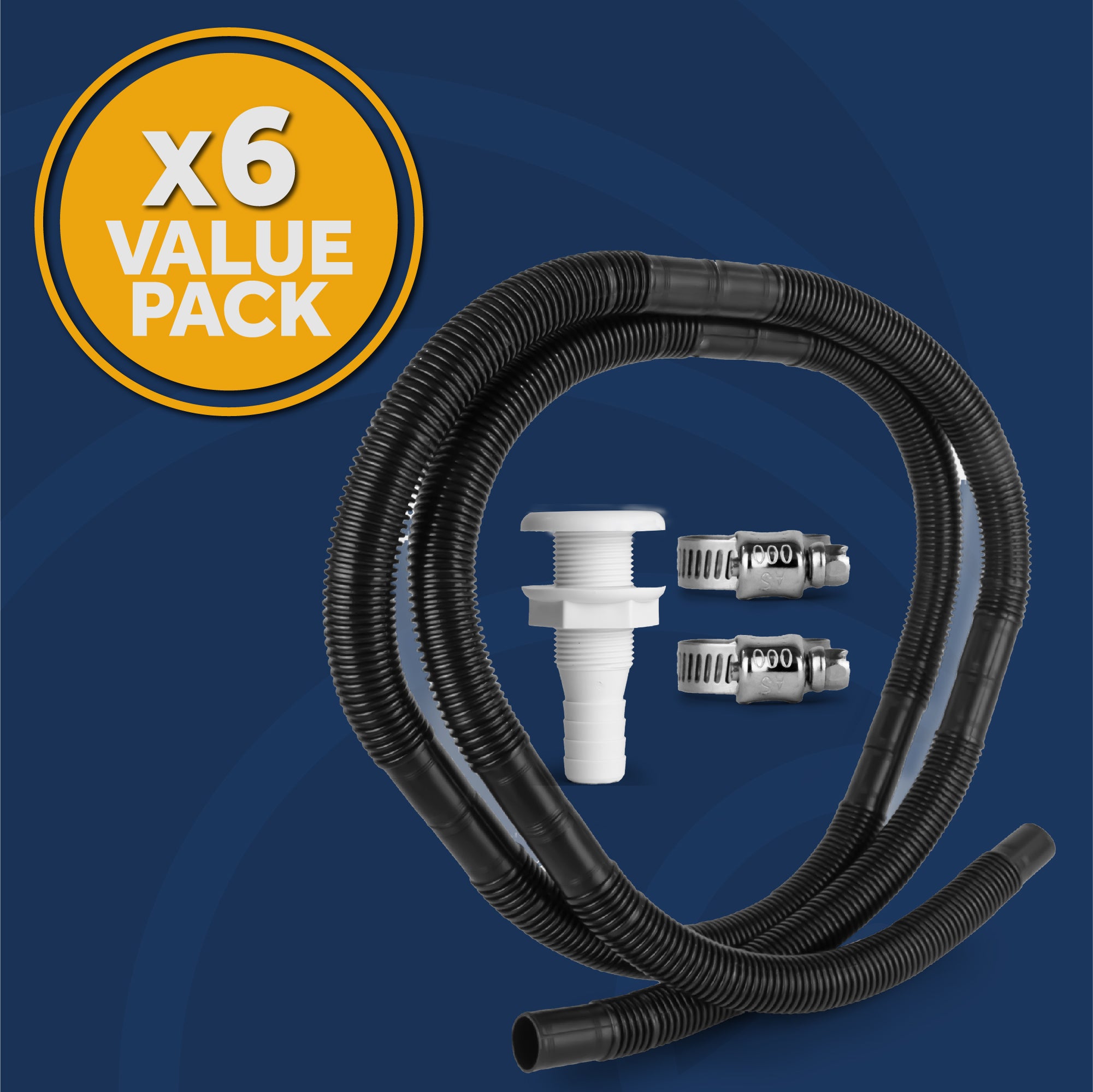 Value pack - Bilge Pump Plumbing Kit, 7' Black PVC Hose 3/4", 2 Hose Clamps, Thru-Hull Fitting, 6-pack - FO4329-M6
