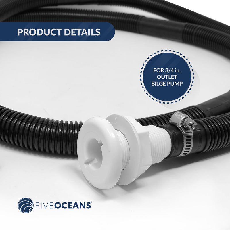 Value pack - Bilge Pump Plumbing Kit, 7' Black PVC Hose 3/4", 2 Hose Clamps, Thru-Hull Fitting, 6-pack - FO4329-M6 - Five Oceans