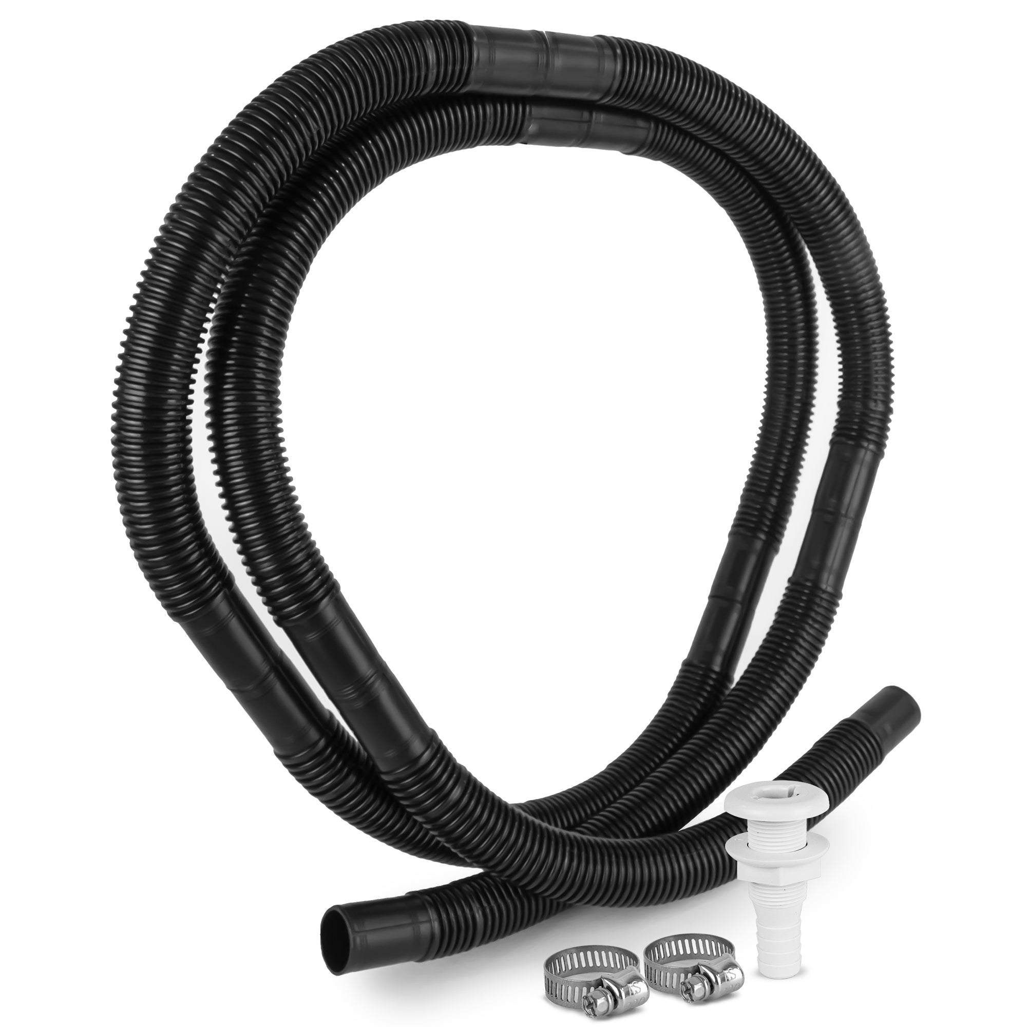 Bilge Pump Plumbing Kit, 7' Black PVC Hose 3/4", 2 Hose Clamps, Thru-Hull Fitting - FO4329