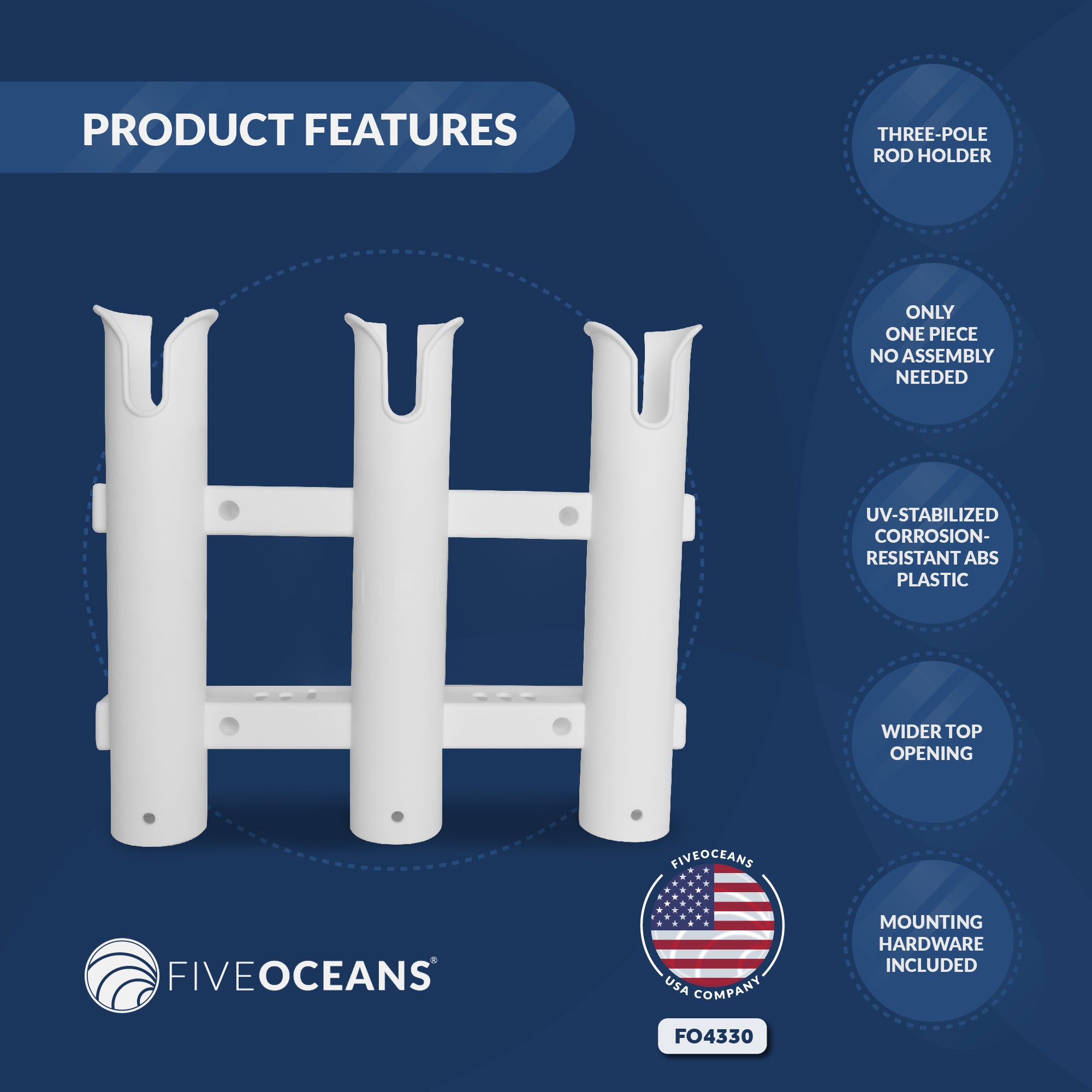 3 Rod Rack (3-Pole Rod Holders), White, Side-Mount - FO4330 - Five Oceans