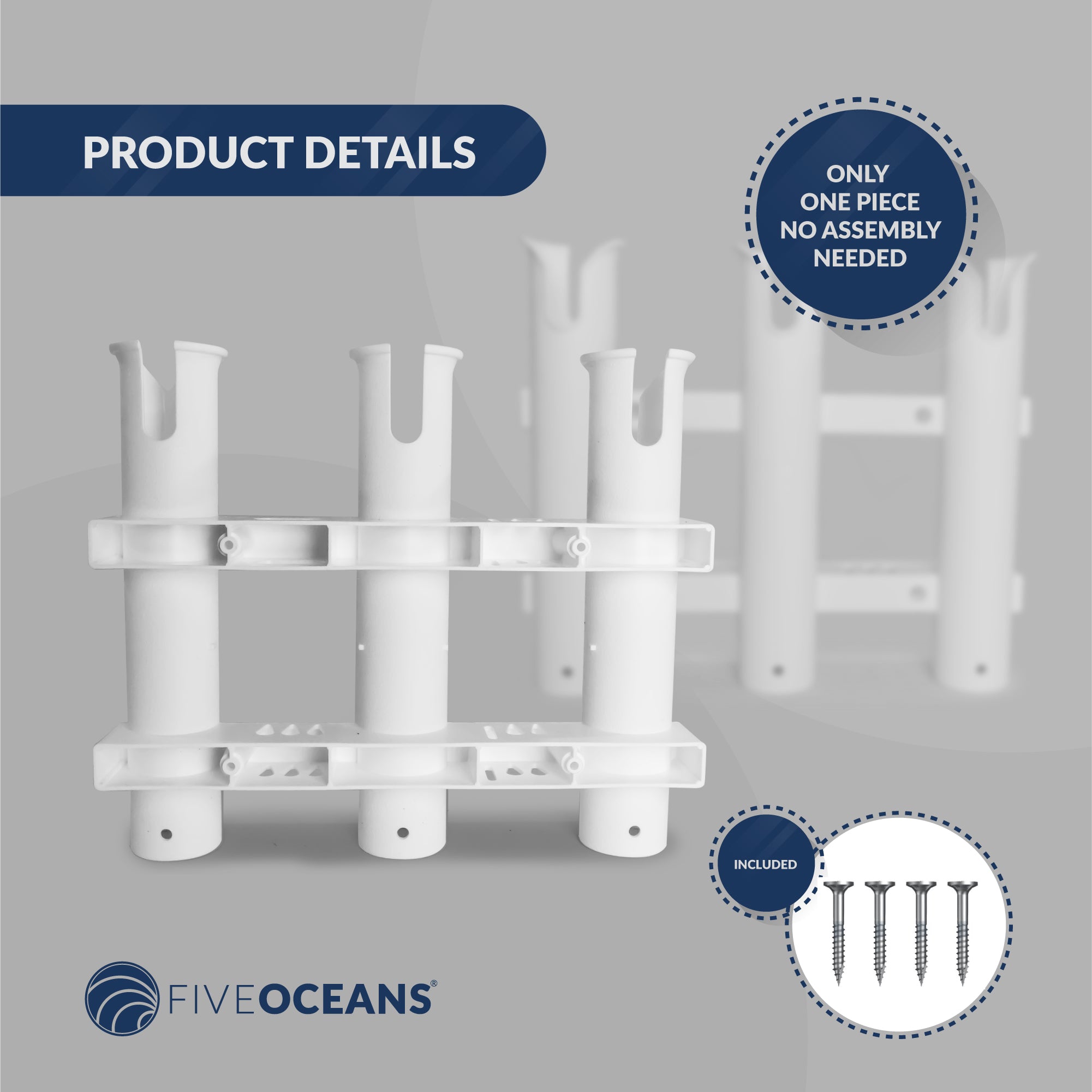 3 Rod Rack (3-Pole Rod Holders), White, Side-Mount - FO4330 - Five Oceans