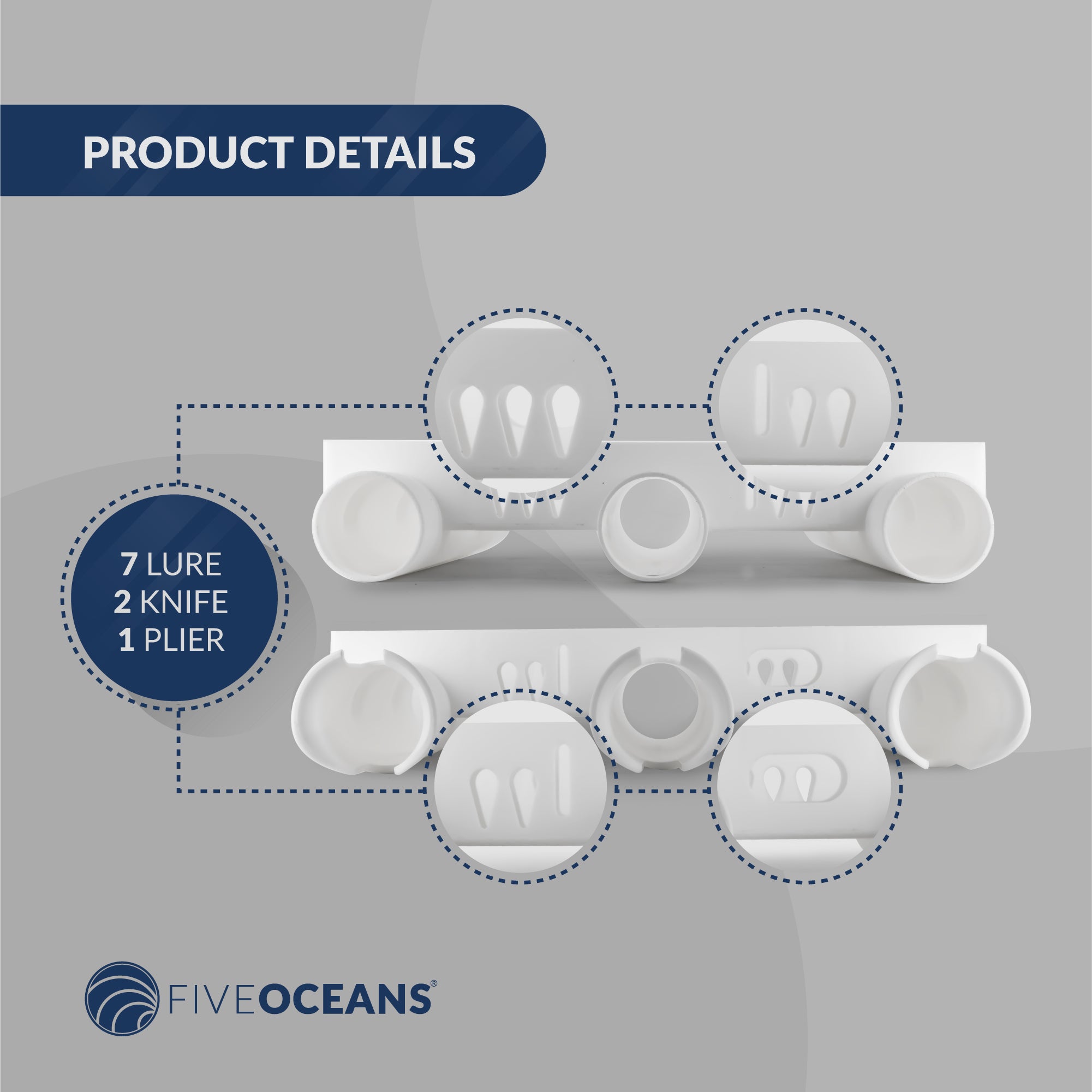 3 Rod Rack (3-Pole Rod Holders), White, Side-Mount - FO4330 - Five Oceans