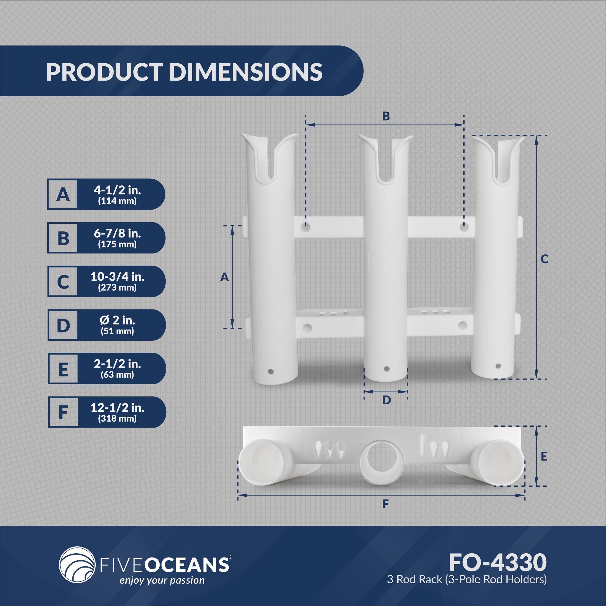 3 Rod Rack (3-Pole Rod Holders), White, Side-Mount - FO4330 - Five Oceans