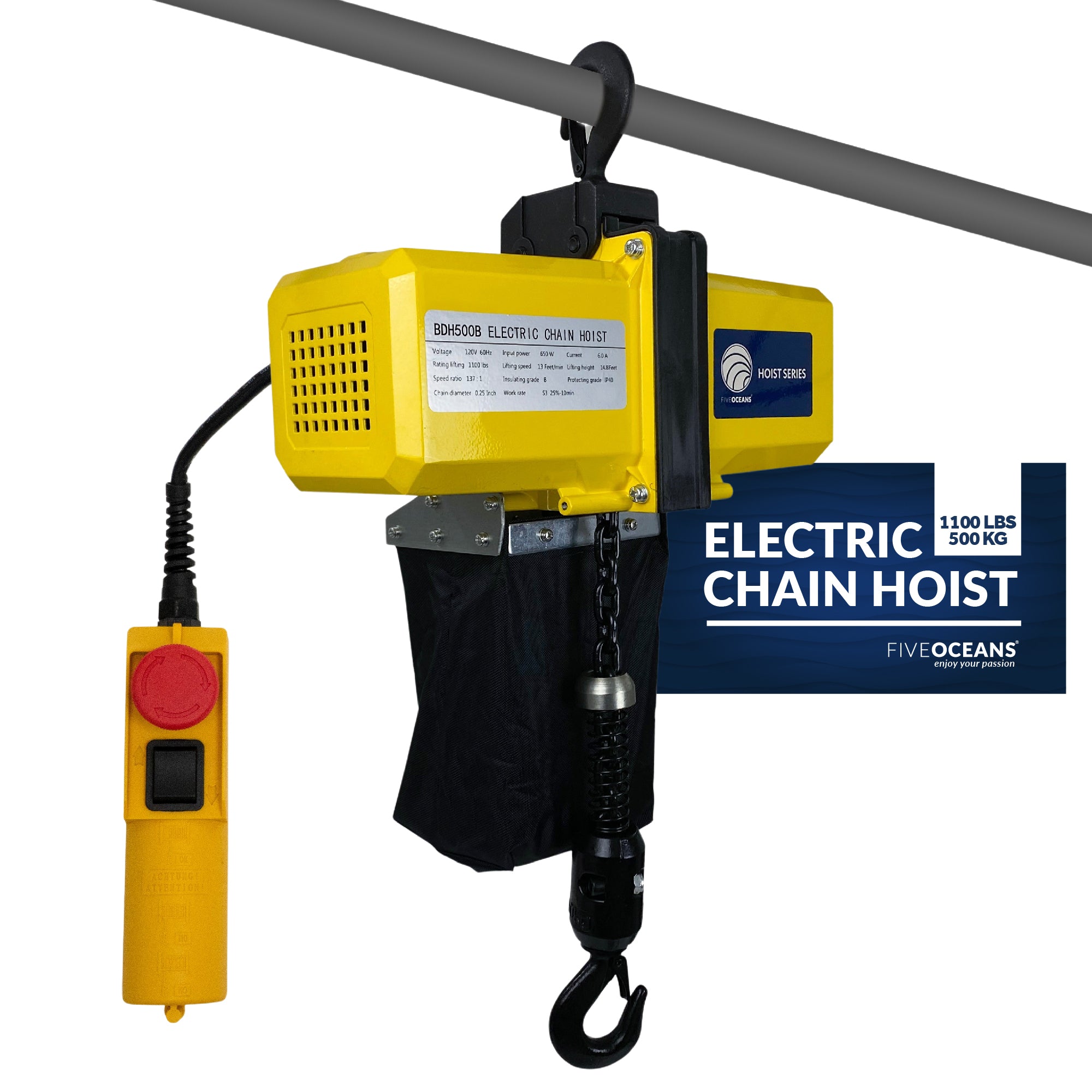 Electric Chain Hoist, 1100LBS / 500KG,  6 FT Remote Control, 120 V - FO4335 - Five Oceans
