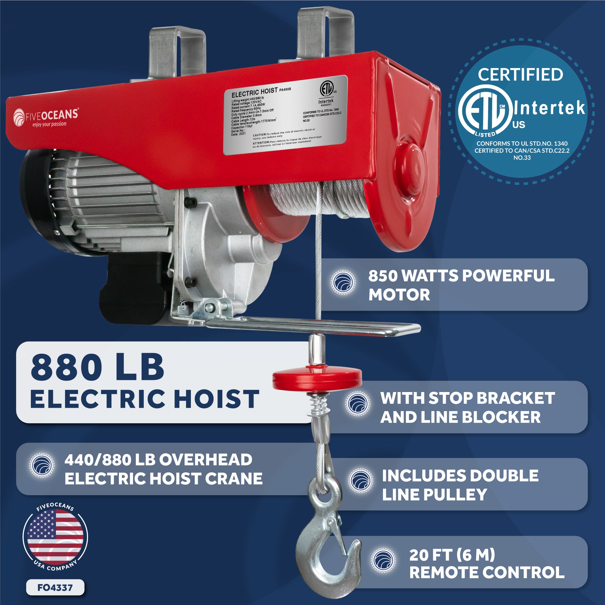 Electric Hoist, 880 Lb Electric Winch, 20FT Remote Control 120 Volts - FO4337