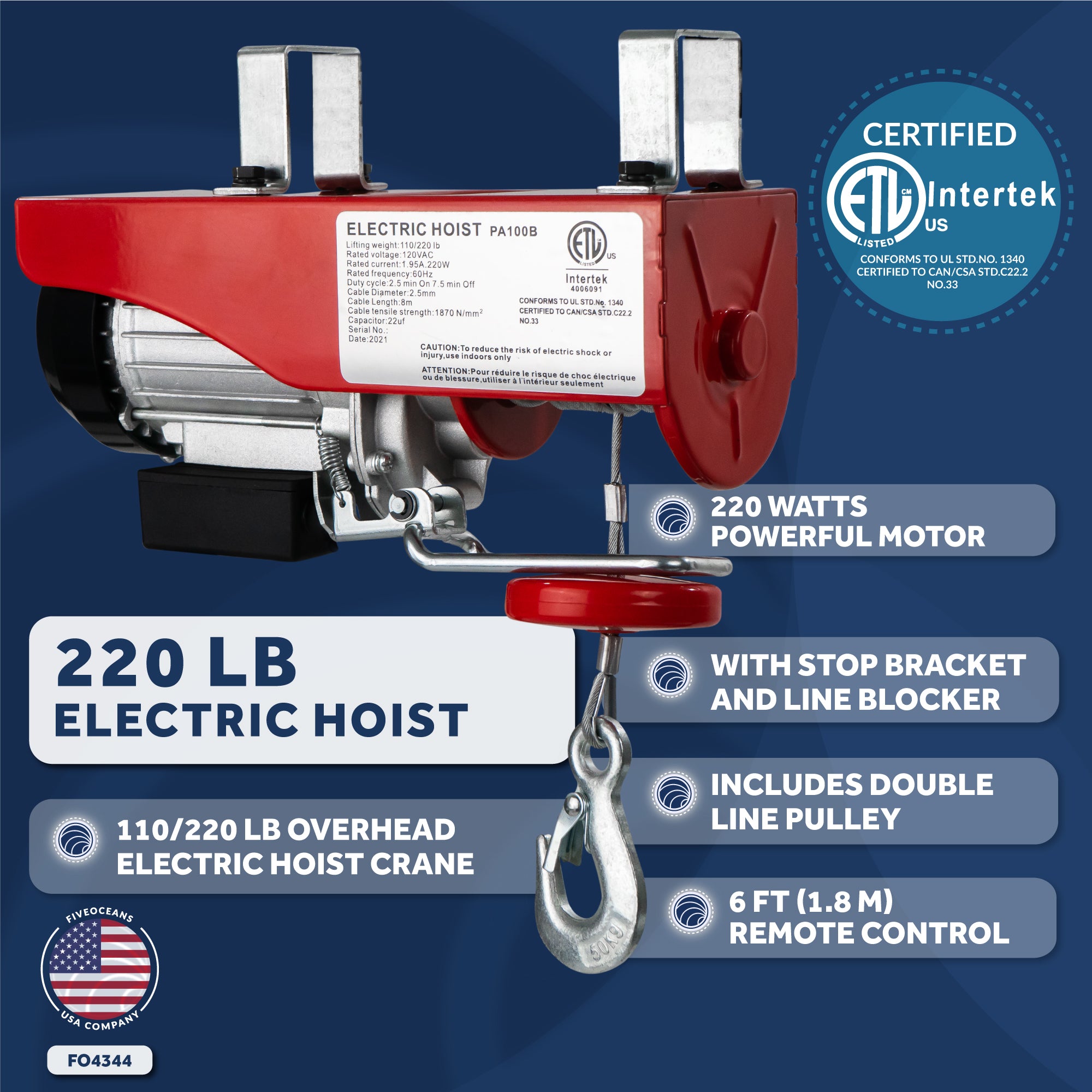 Electric Hoist, 220 Lb Electric Winch, 6FT Remote Control 120 Volts - FO4344 - Five Oceans
