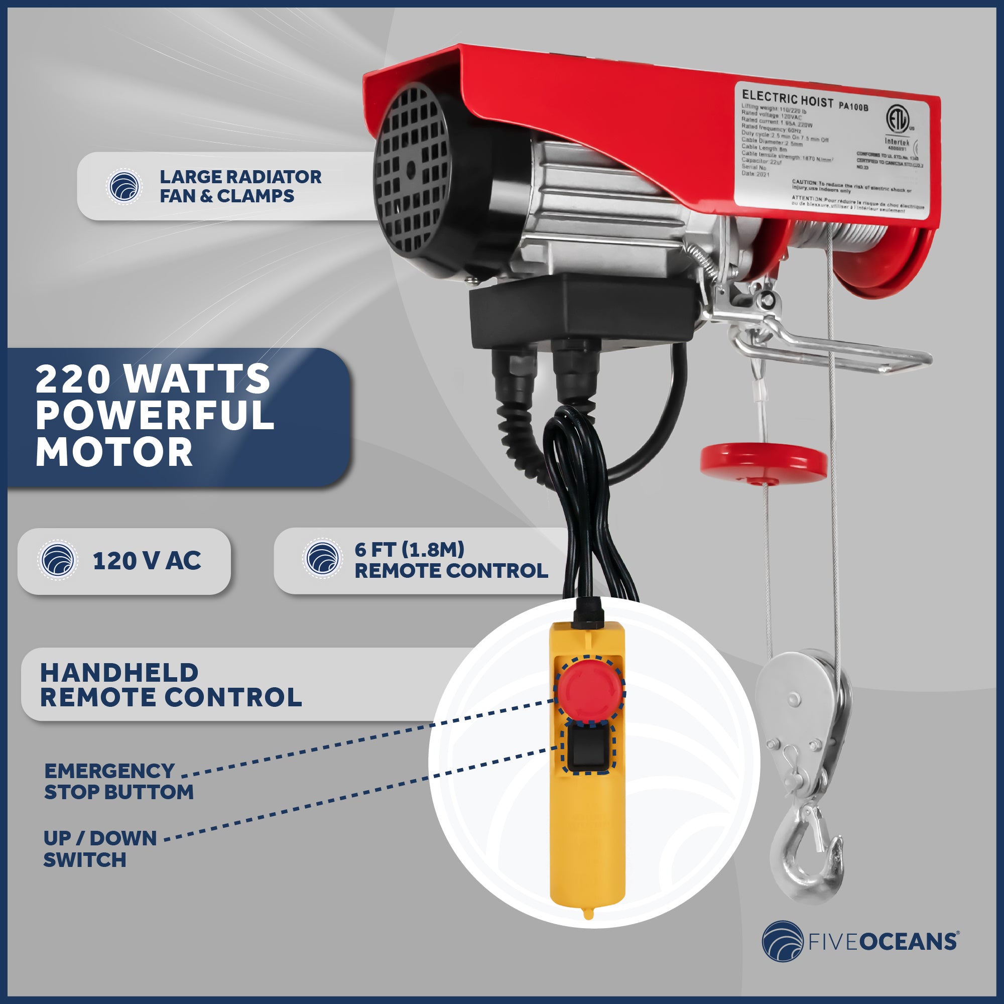 Electric Hoist, 220 Lb Electric Winch, 6FT Remote Control 120 Volts - FO4344 - Five Oceans