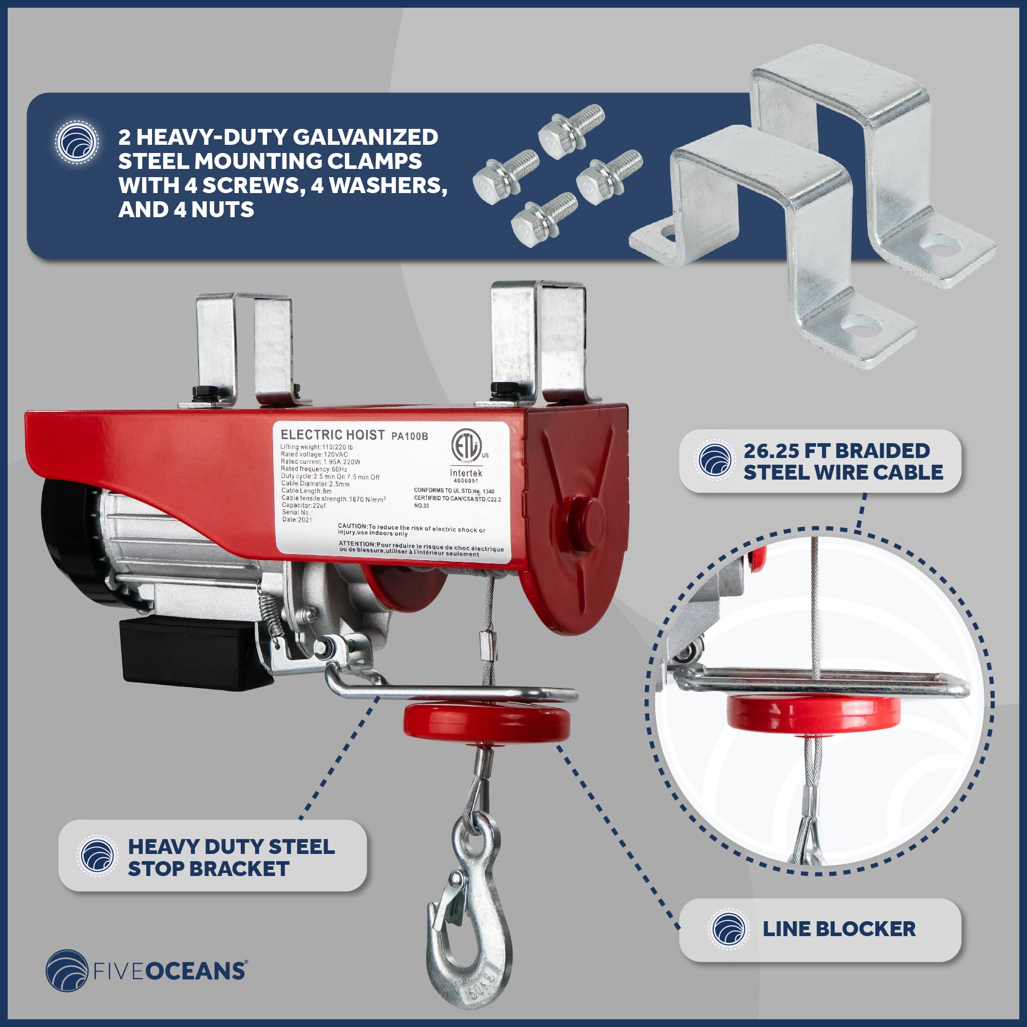 Electric Hoist, 220 Lb Electric Winch, 6FT Remote Control 120 Volts - FO4344 - Five Oceans