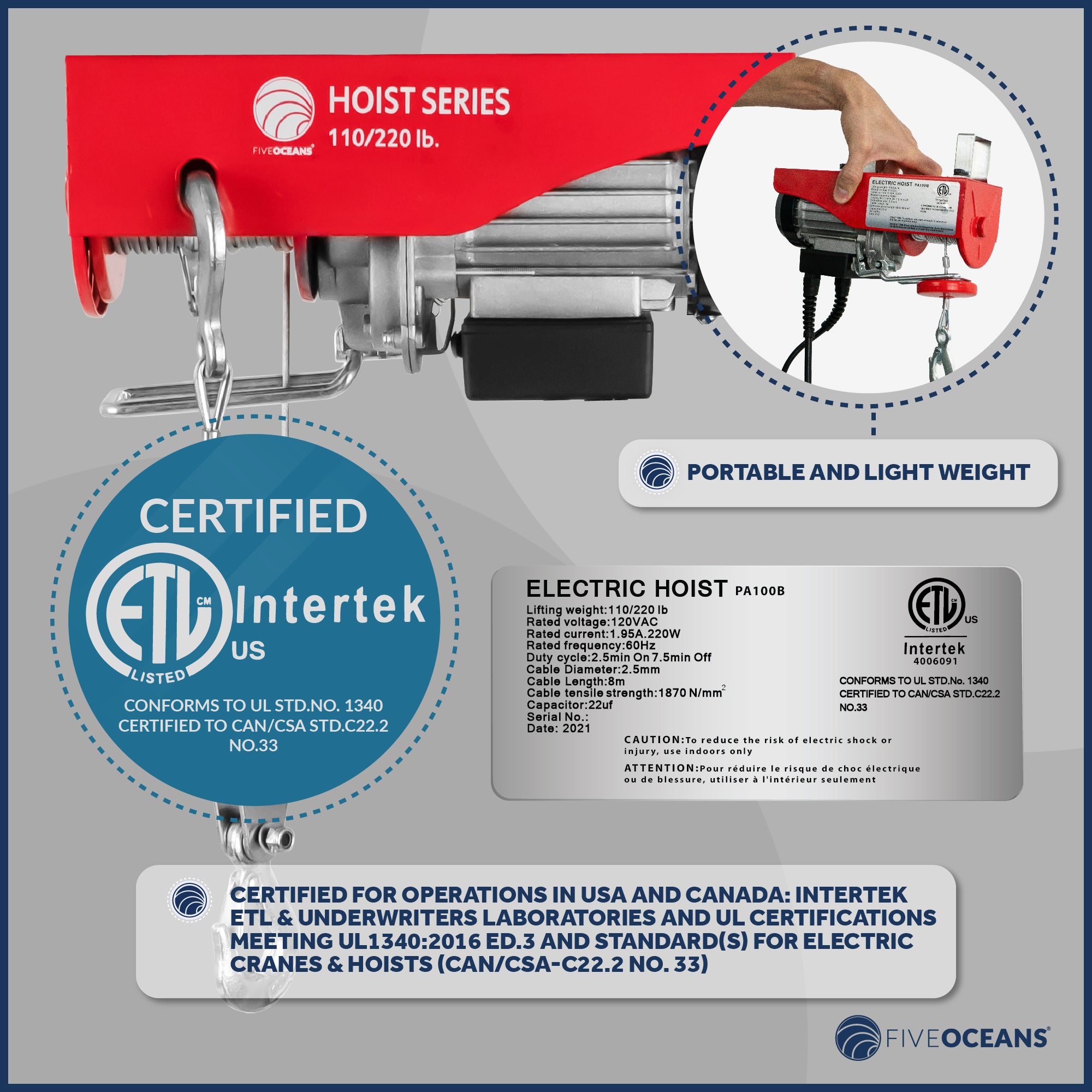 Electric Hoist, 220 Lb Electric Winch, 6FT Remote Control 120 Volts - FO4344 - Five Oceans