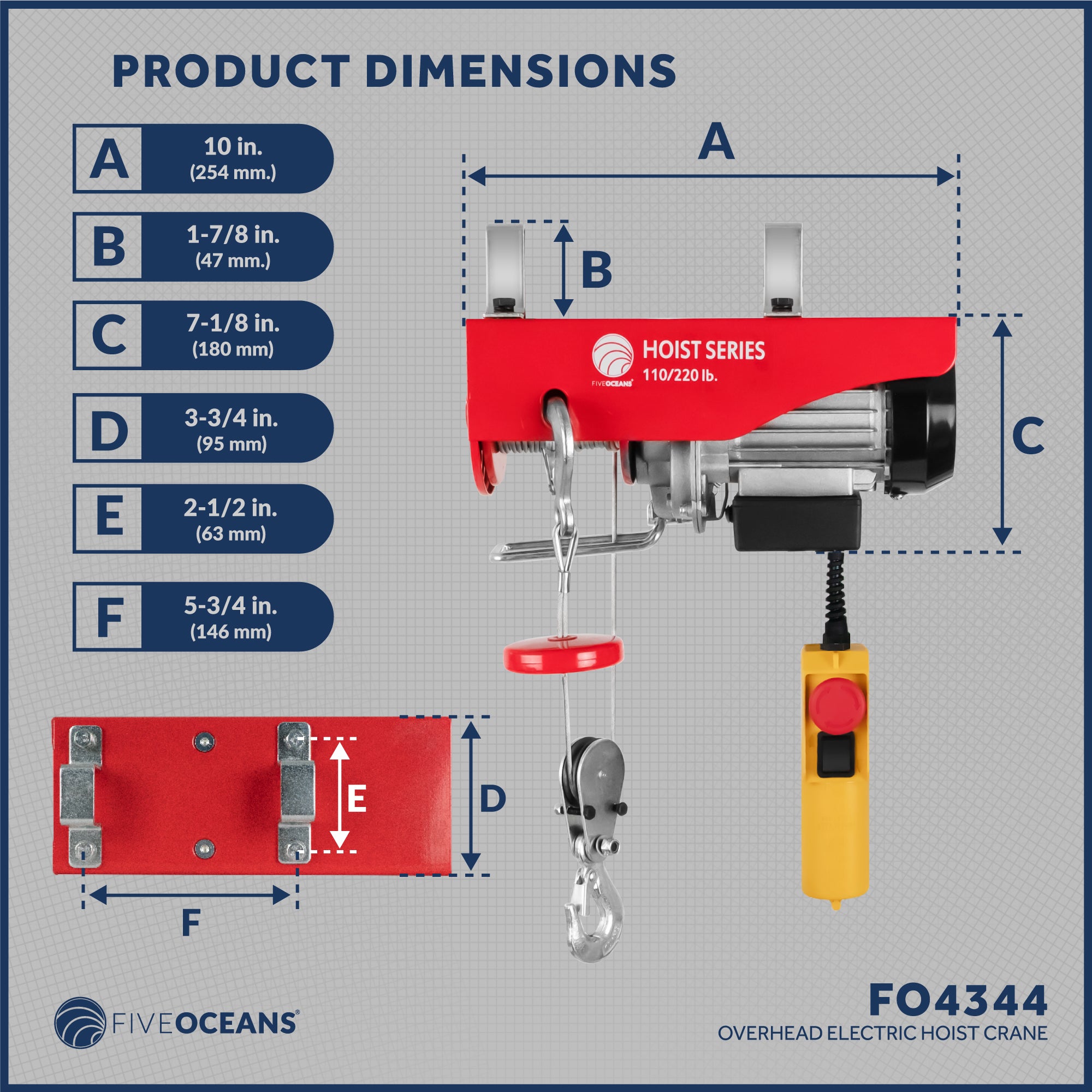 Electric Hoist, 220 Lb Electric Winch, 6FT Remote Control 120 Volts - FO4344 - Five Oceans