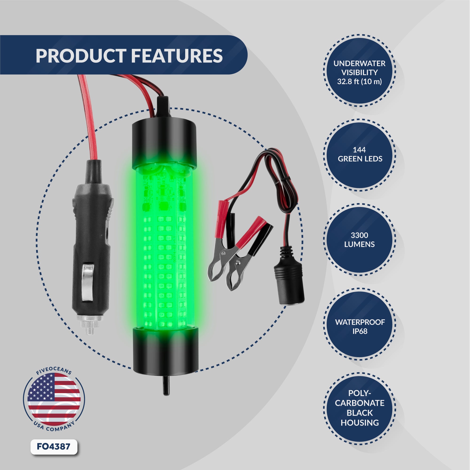Underwater Fishing Light, Green LED, 17' Power Cord, 10-30V - FO4387 - Five Oceans