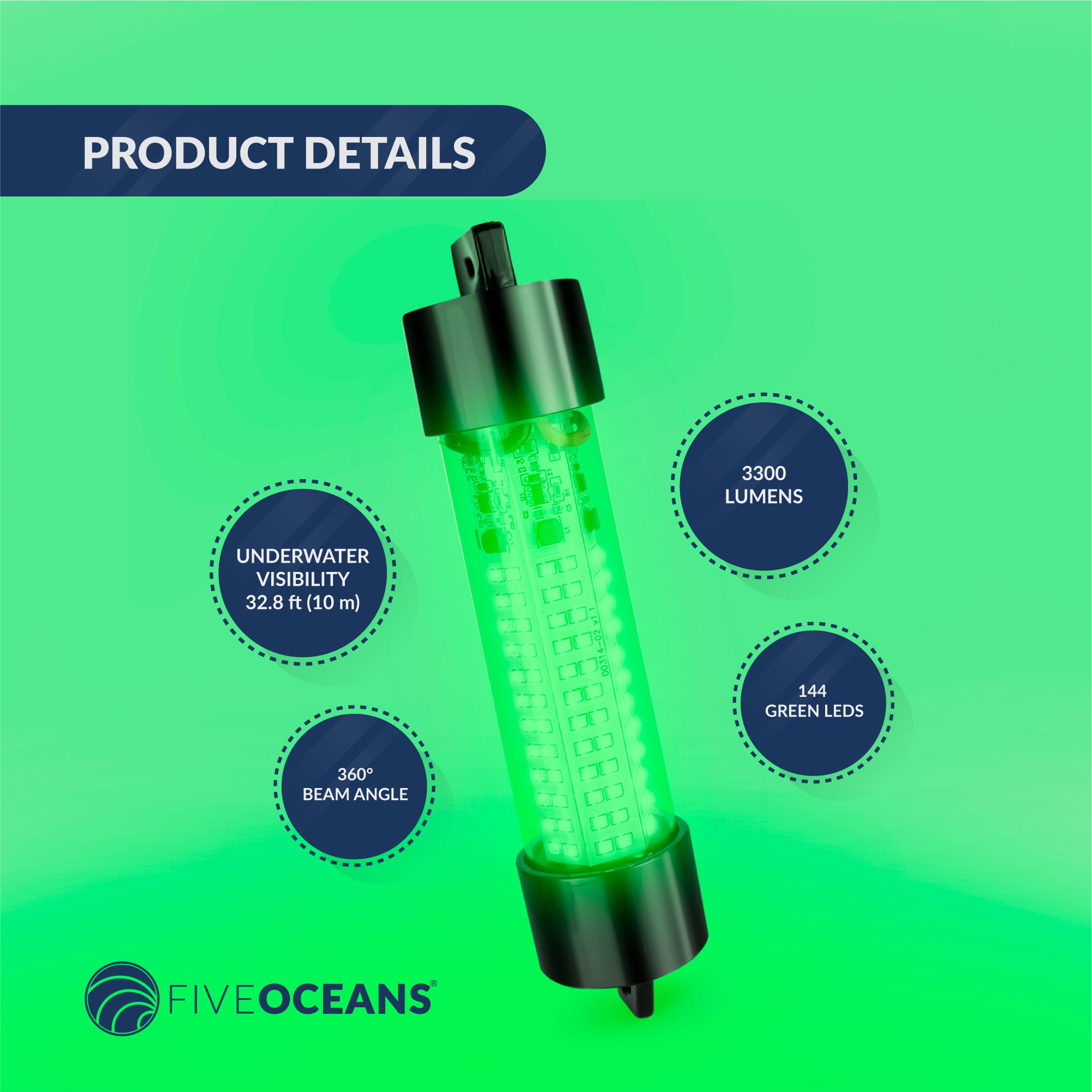 Underwater Fishing Light, Green LED, 17' Power Cord, 10-30V - FO4387 - Five Oceans