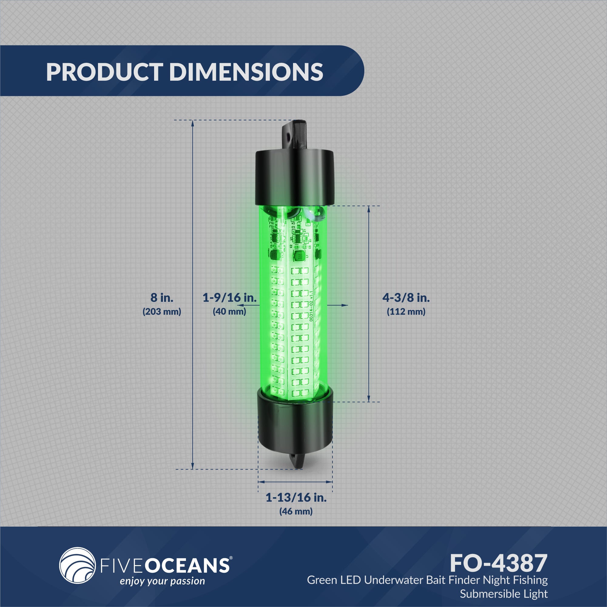 Five Oceans Fishing Light, Underwater Fishing Light, Green LED Submersible Night Fish Finder Lamp, with 17 Feet Power Cord, 144 LED's - 10-30 Volts