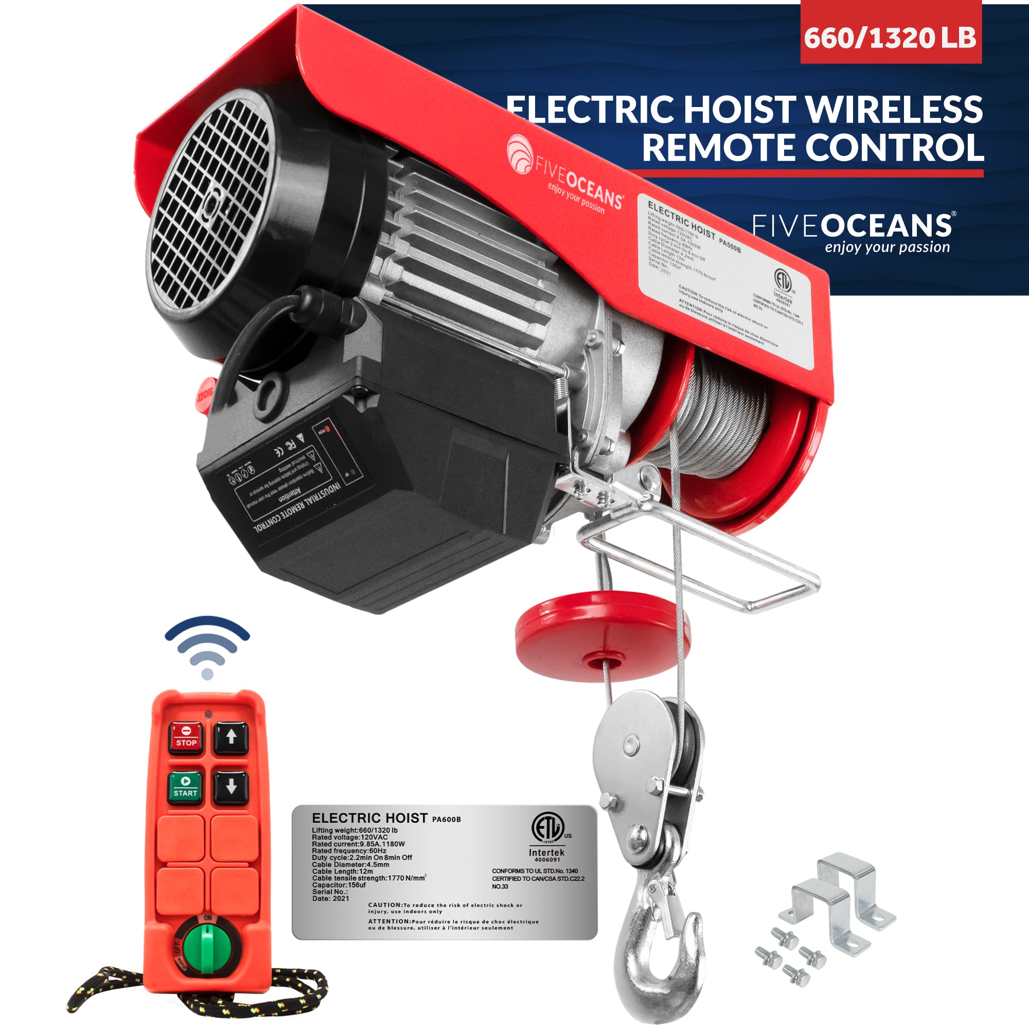 Electric Hoist, 1320 Lb Electric Winch, Wireless Remote Control 110V - FO4403