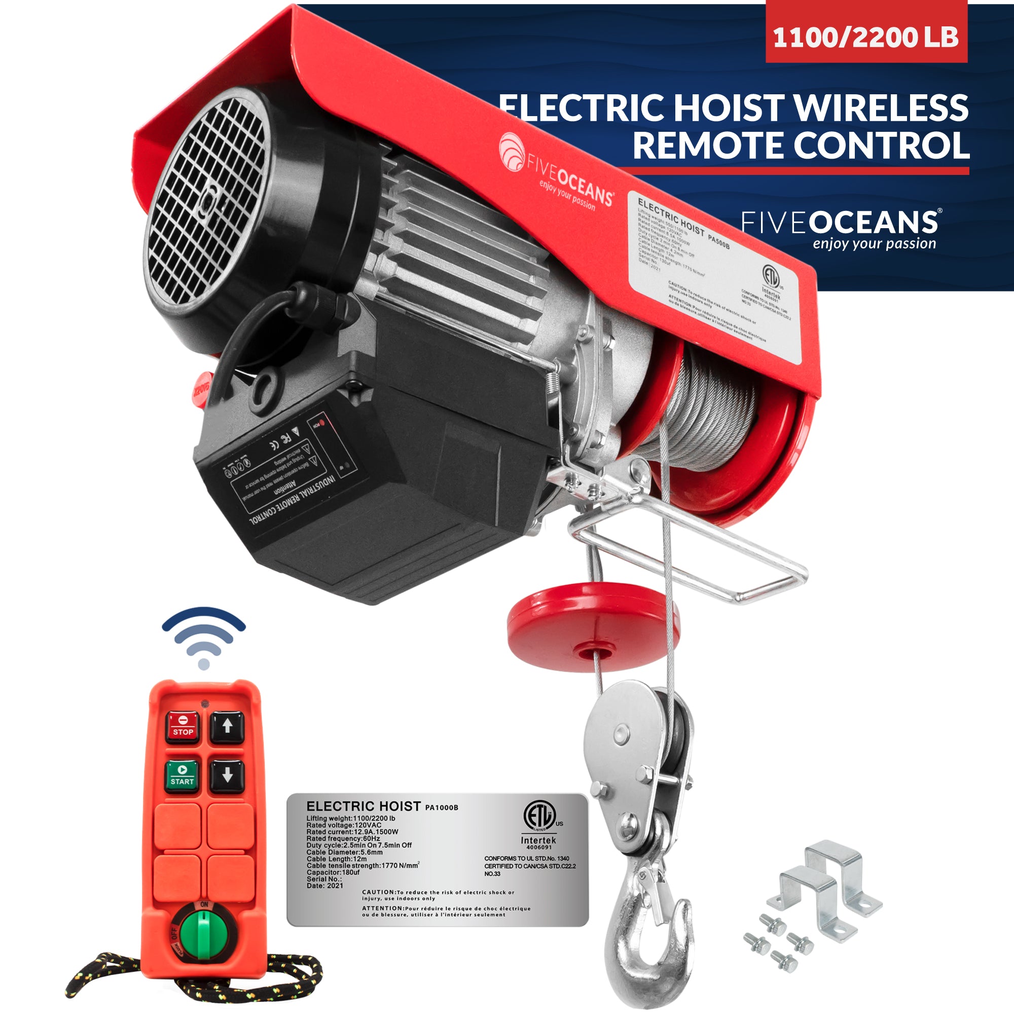 Electric Hoist, 2200 Lb Electric Winch, Wireless Remote Control 110V - FO4404