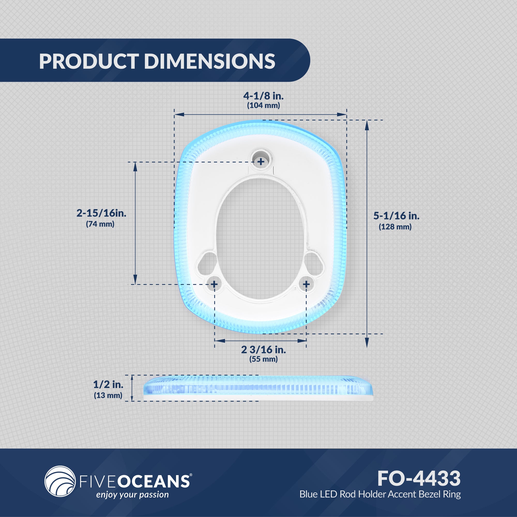 Blue LED Rod Holder Accent Bezel Ring, Fits All Five Oceans/Most Standard Rod Holders, Grade Marine Durable Materials, 12 Volts, 2-Pack, FO-4433-M2