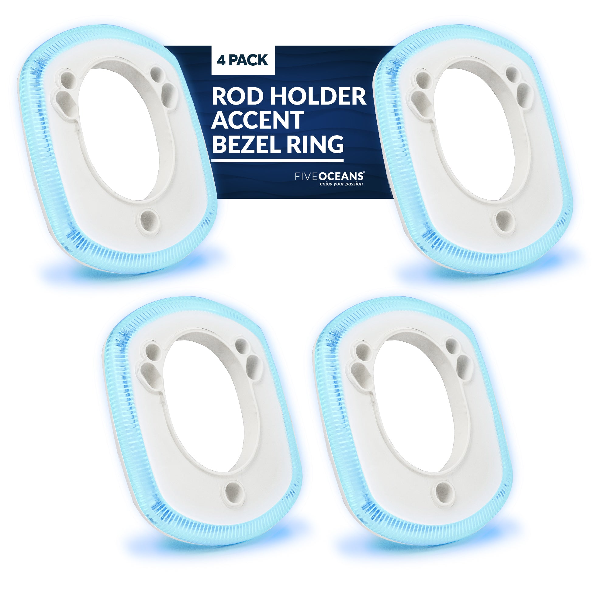 Blue LED Rod Holder Accent Bezel Ring, Fits All Five Oceans/Most Standard Rod Holders, Grade Marine Durable Materials, 12 Volts, 4-Pack, FO-4433-M4