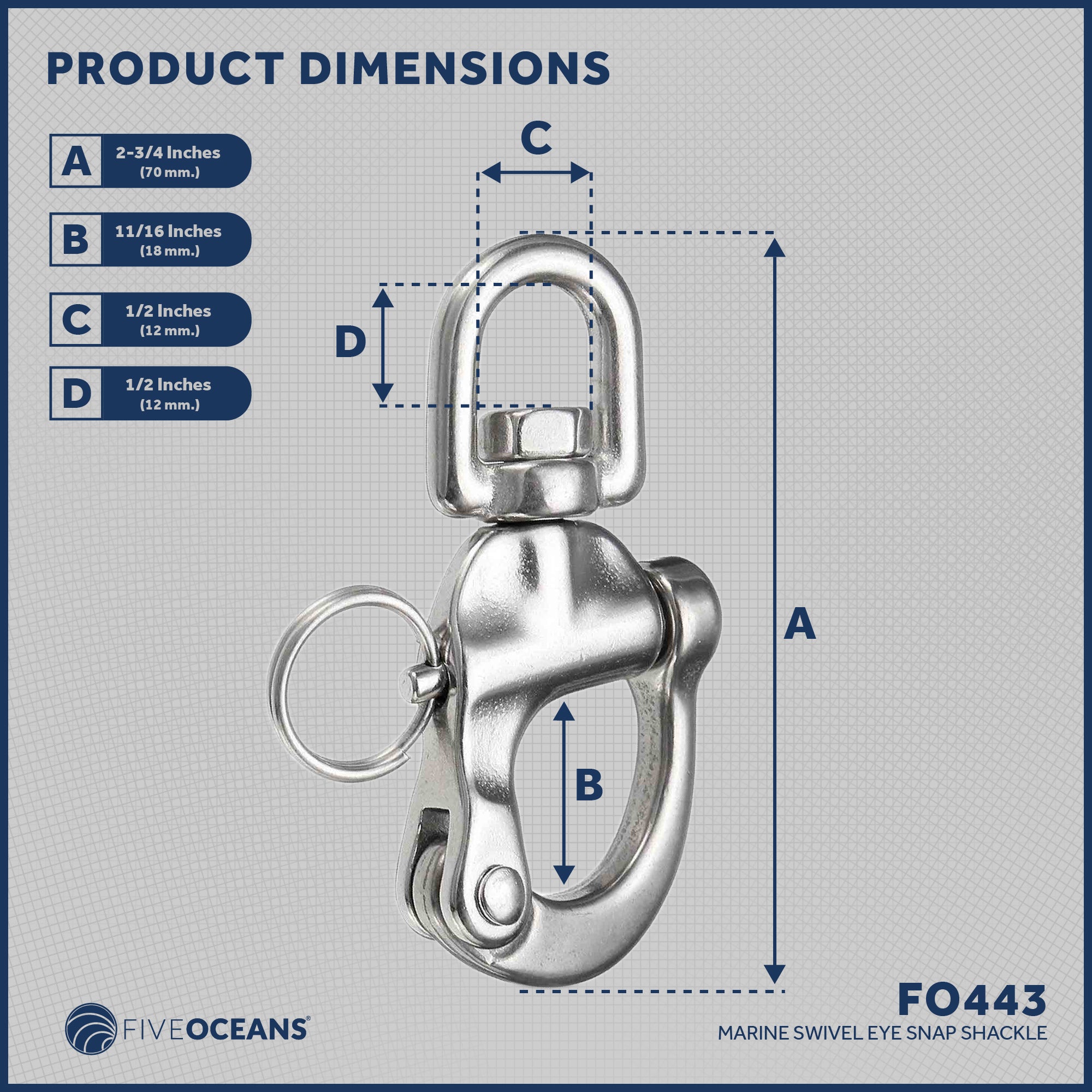 Swivel Eye Snap Shackle Quick Release Bail Rigging, 2 3/4" Stainless Steel - FO443