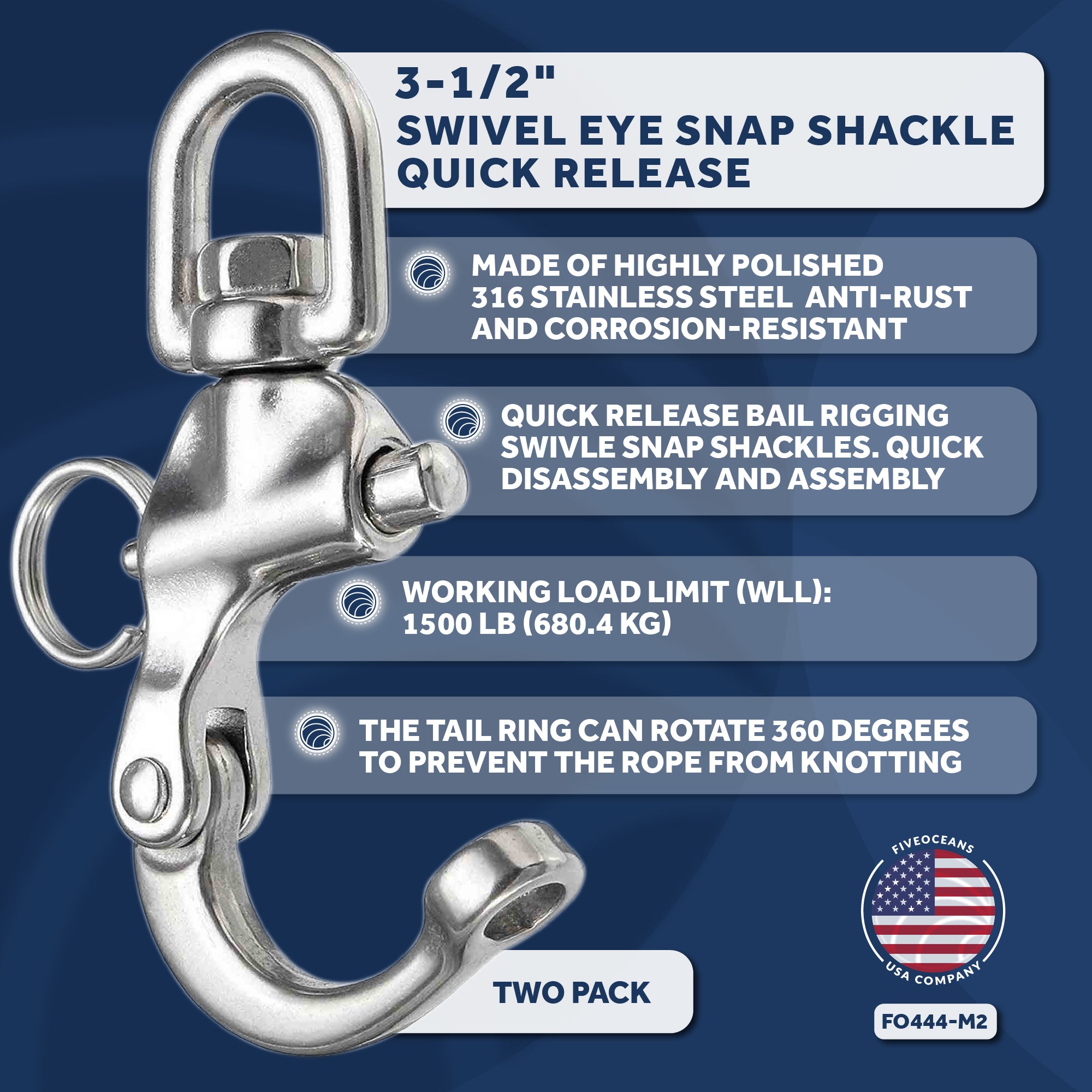 Swivel Eye Snap Shackle Quick Release Bail Rigging, 3 1/2" Stainless Steel 2-Pack - FO444-M2