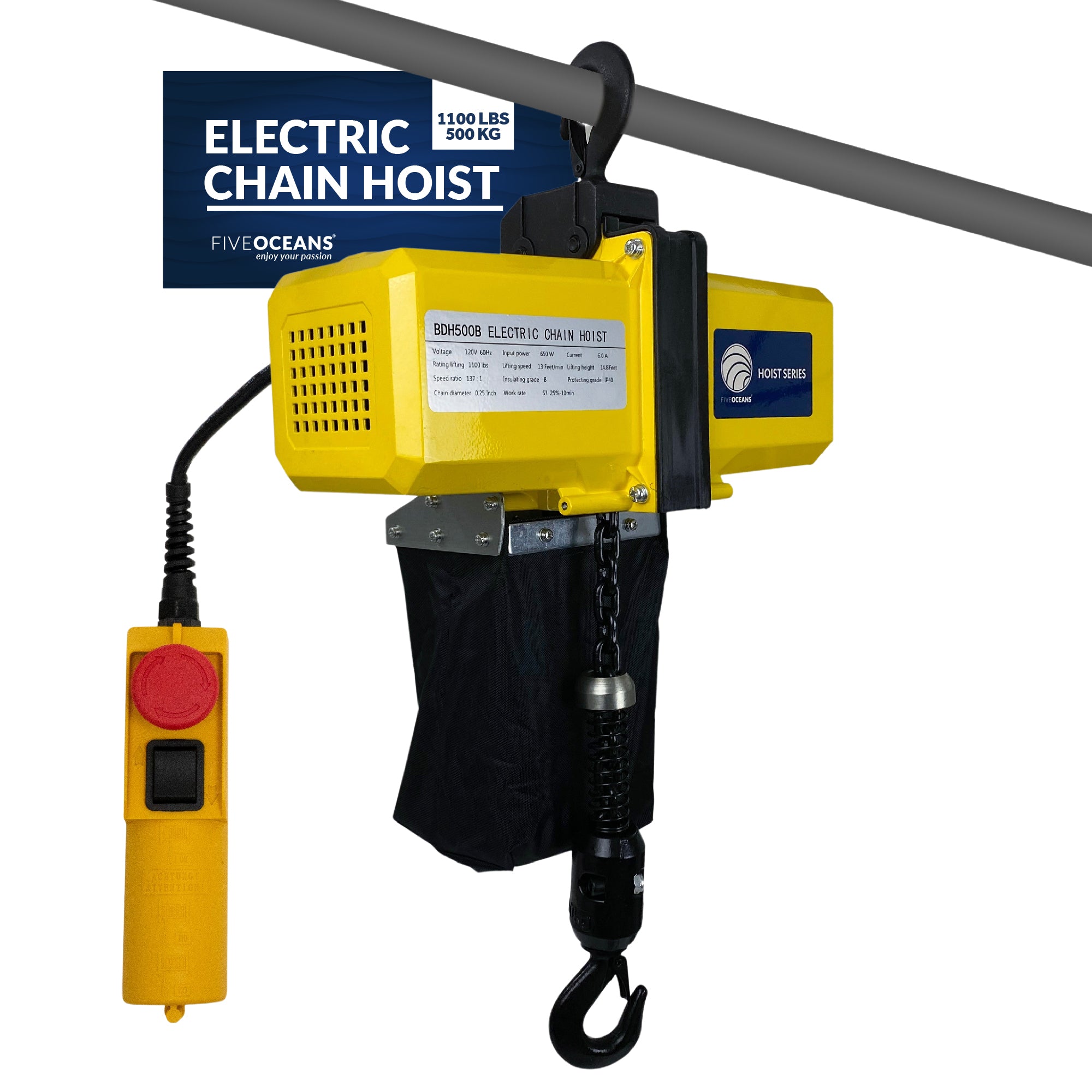 Electric Chain Hoist 1100LBS / 500KG, 20 FT Remote Control, 120 V / 60 HZ - FO4440 - Five Oceans