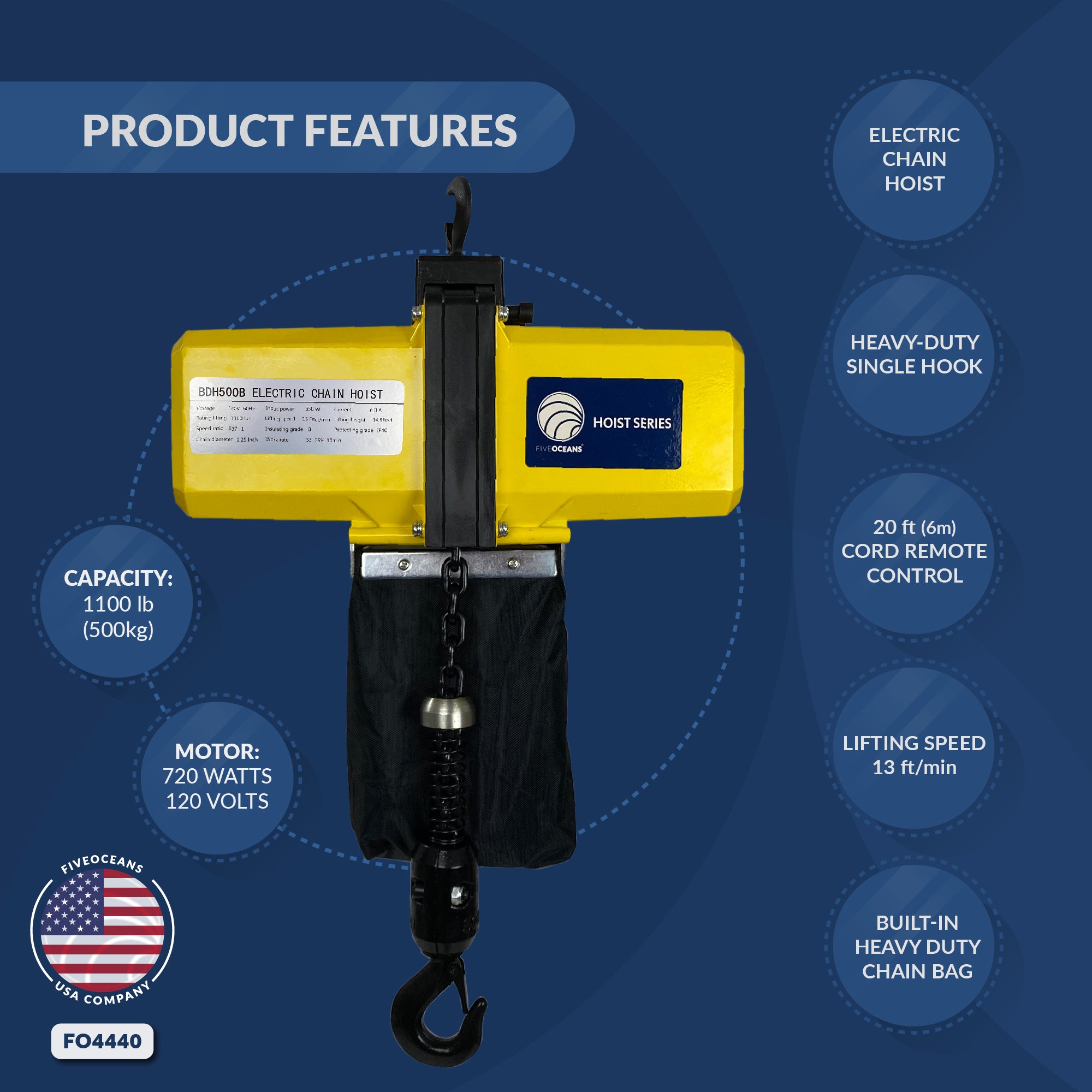 Electric Chain Hoist 1100LBS / 500KG, 20 FT Remote Control, 120 V / 60 HZ - FO4440