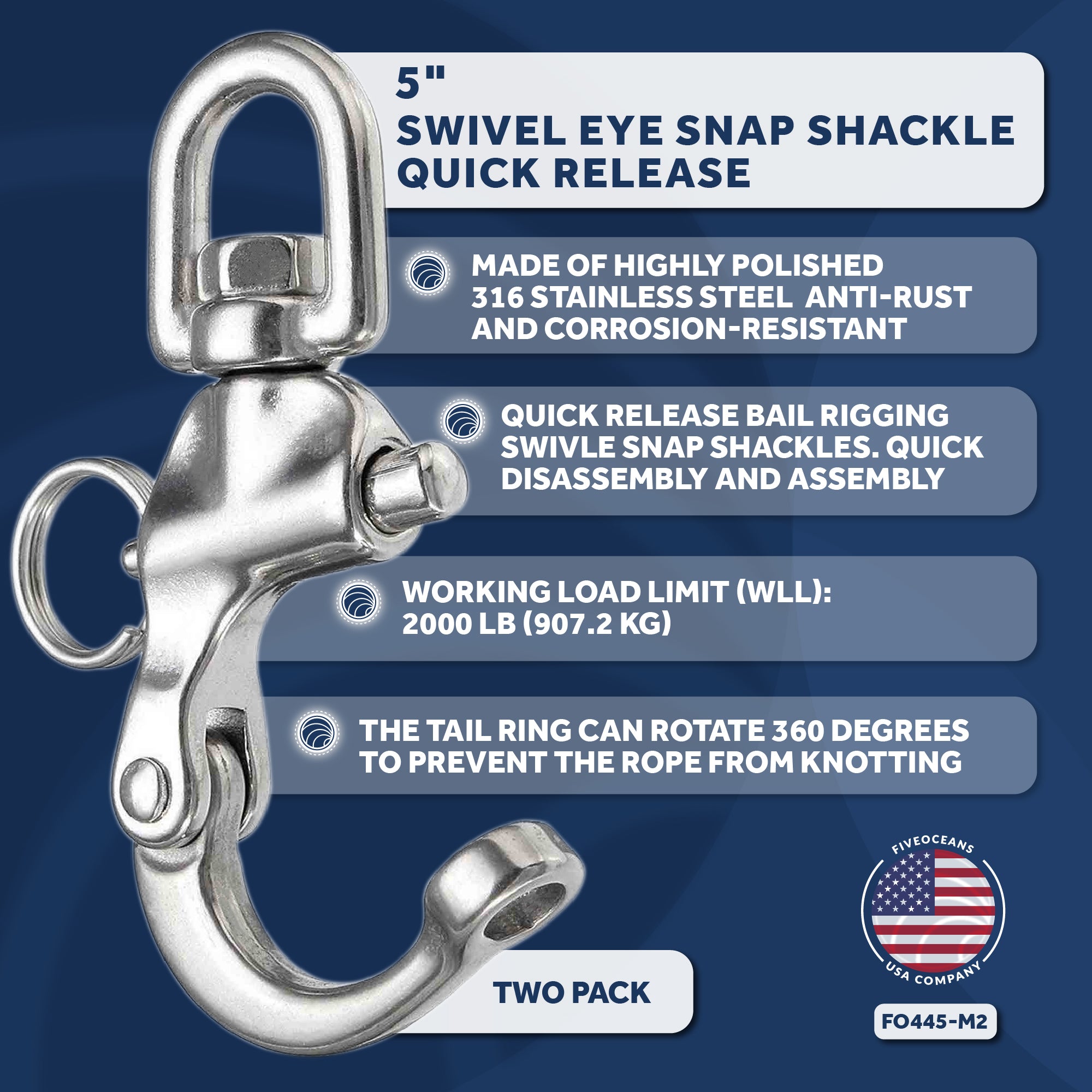 Swivel Eye Snap Shackle Quick Release Bail Rigging, 5" Stainless Steel 2-Pack - FO445-M2 - Five Oceans