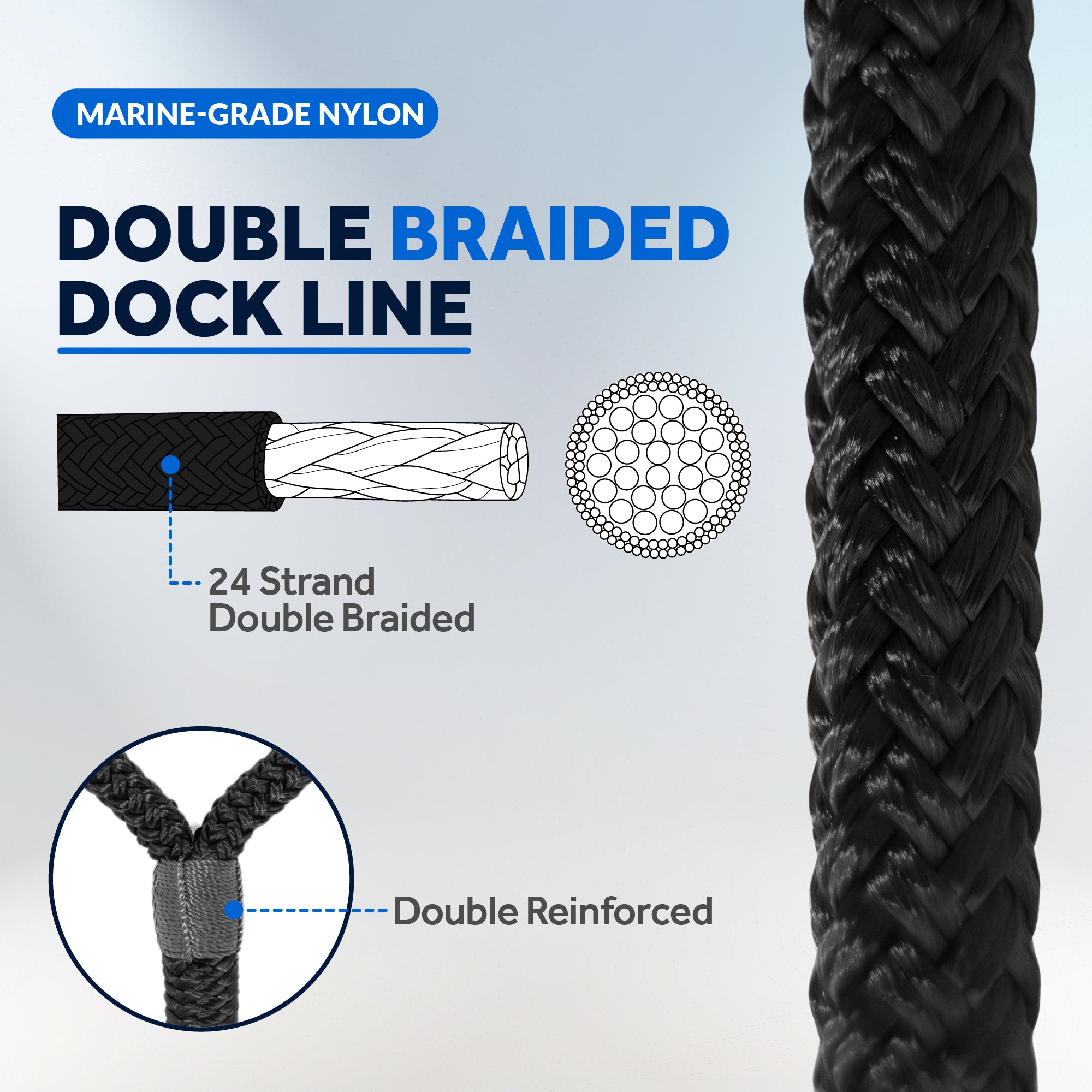 Dock Lines, 1/2" x 20', Black Nylon Double Braided with 12" Eyelet, 2-Pack - FO4451-M2