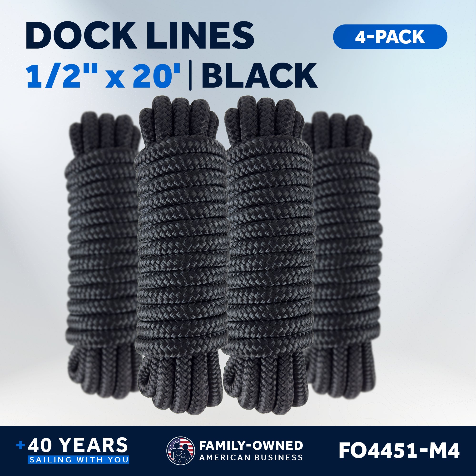 Dock Lines, 1/2" x 20', Black Nylon Double Braided with 12" Eyelet, 4-Pack - FO4451-M4
