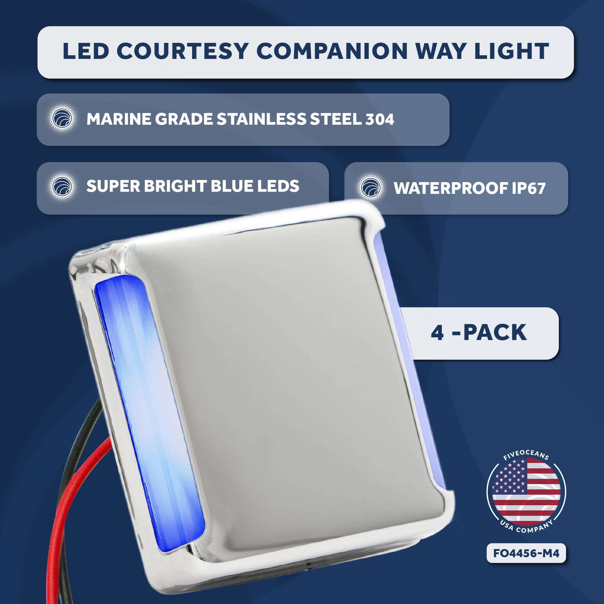 LED Courtesy Companion Way Light, Square, Blue, 4-Pack - FO4456-M4 - Five Oceans