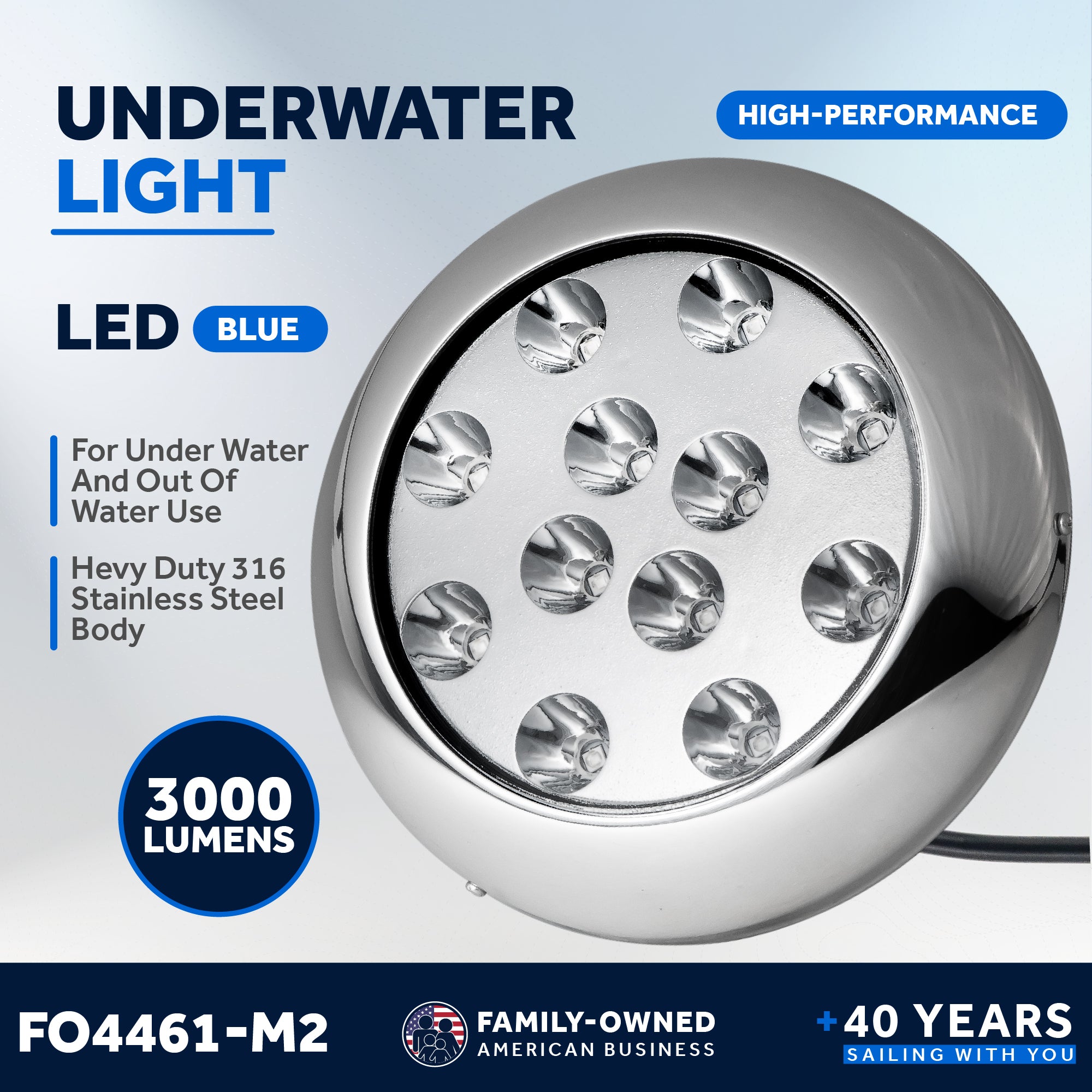 LED Underwater Transom Light, Stainless Steel Bezel, Blue, 2-Pack - FO4461-M2