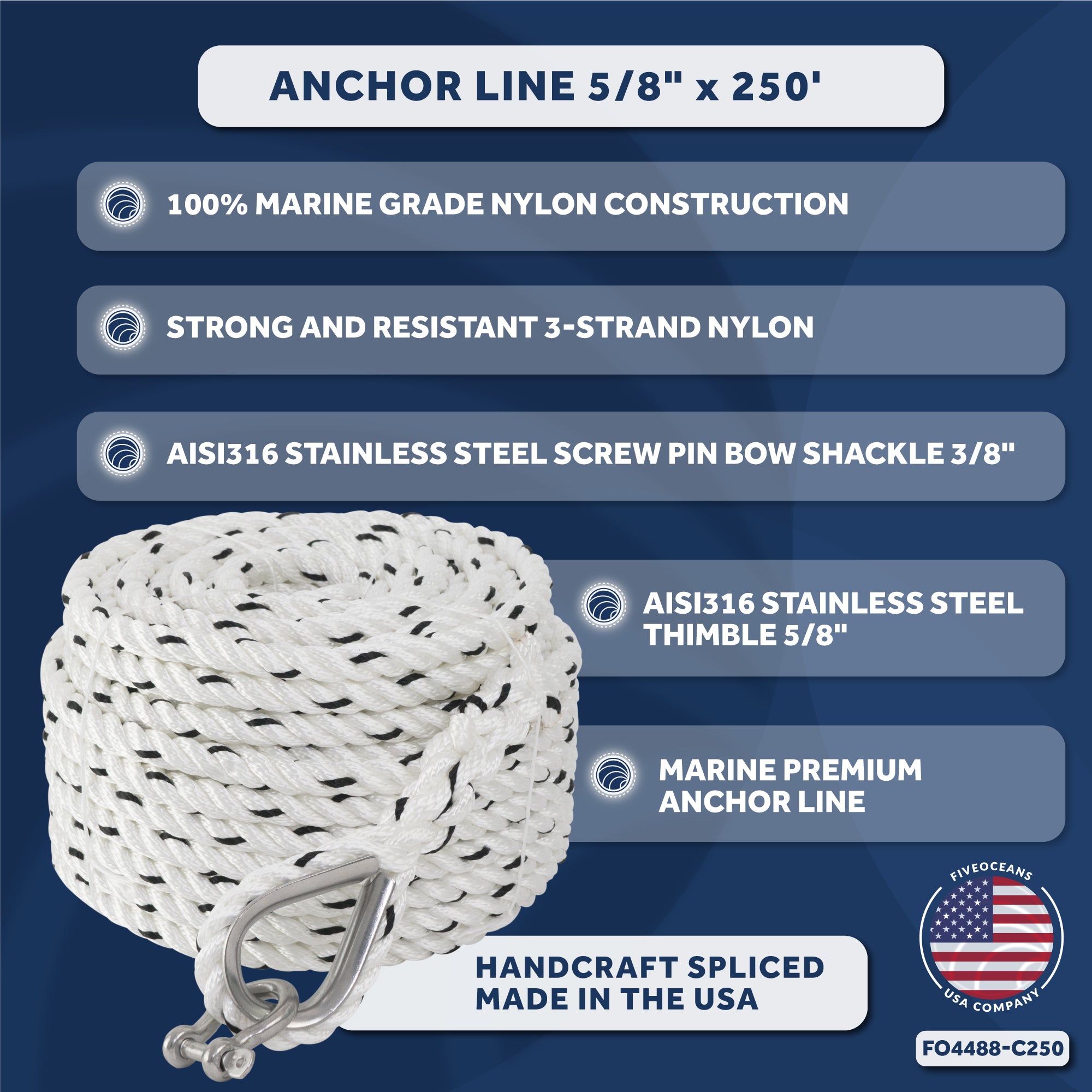 Anchor Line 5/8" x 250', 3-Strand Nylon, Spliced - FO4488-C250