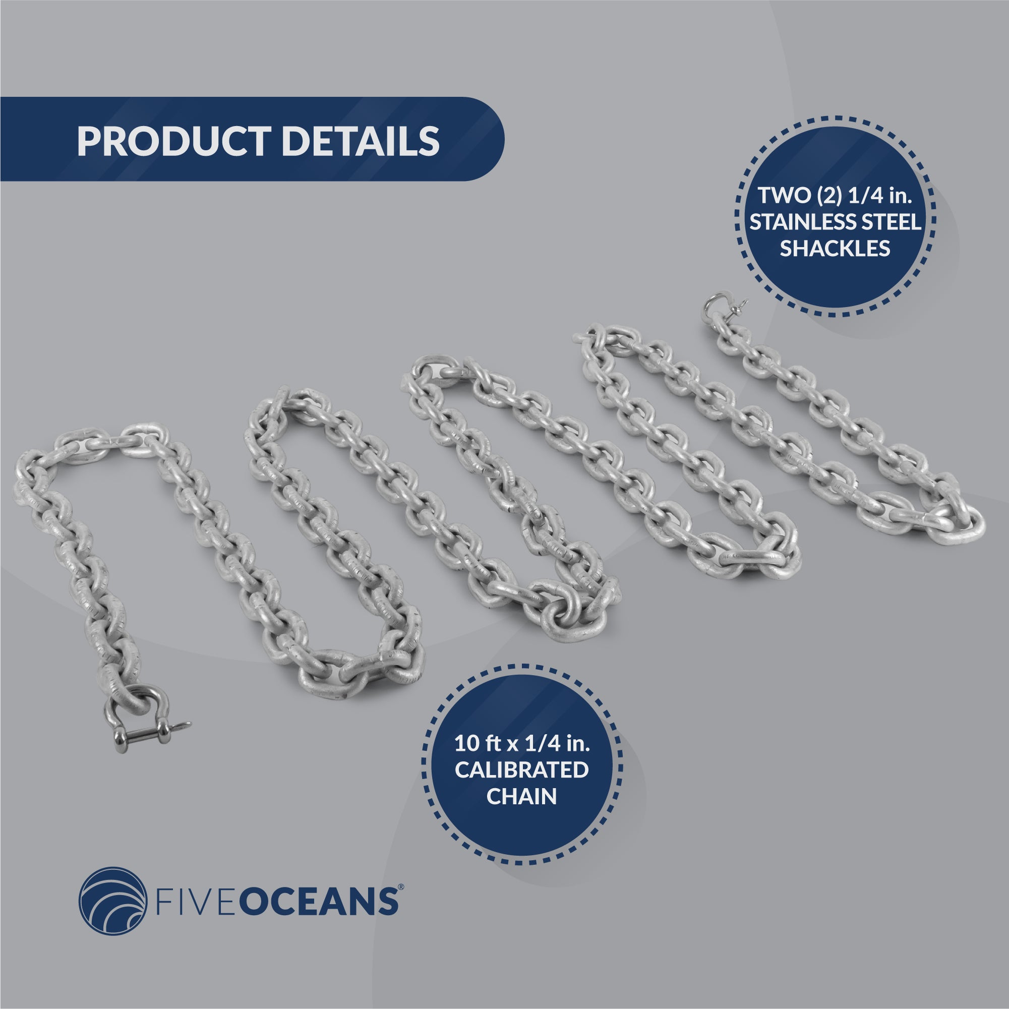 Boat Anchor Lead Chain with Shackles, 1/4" x 10', HTG4 Galvanized Steel - FO4489-G10 - Five Oceans