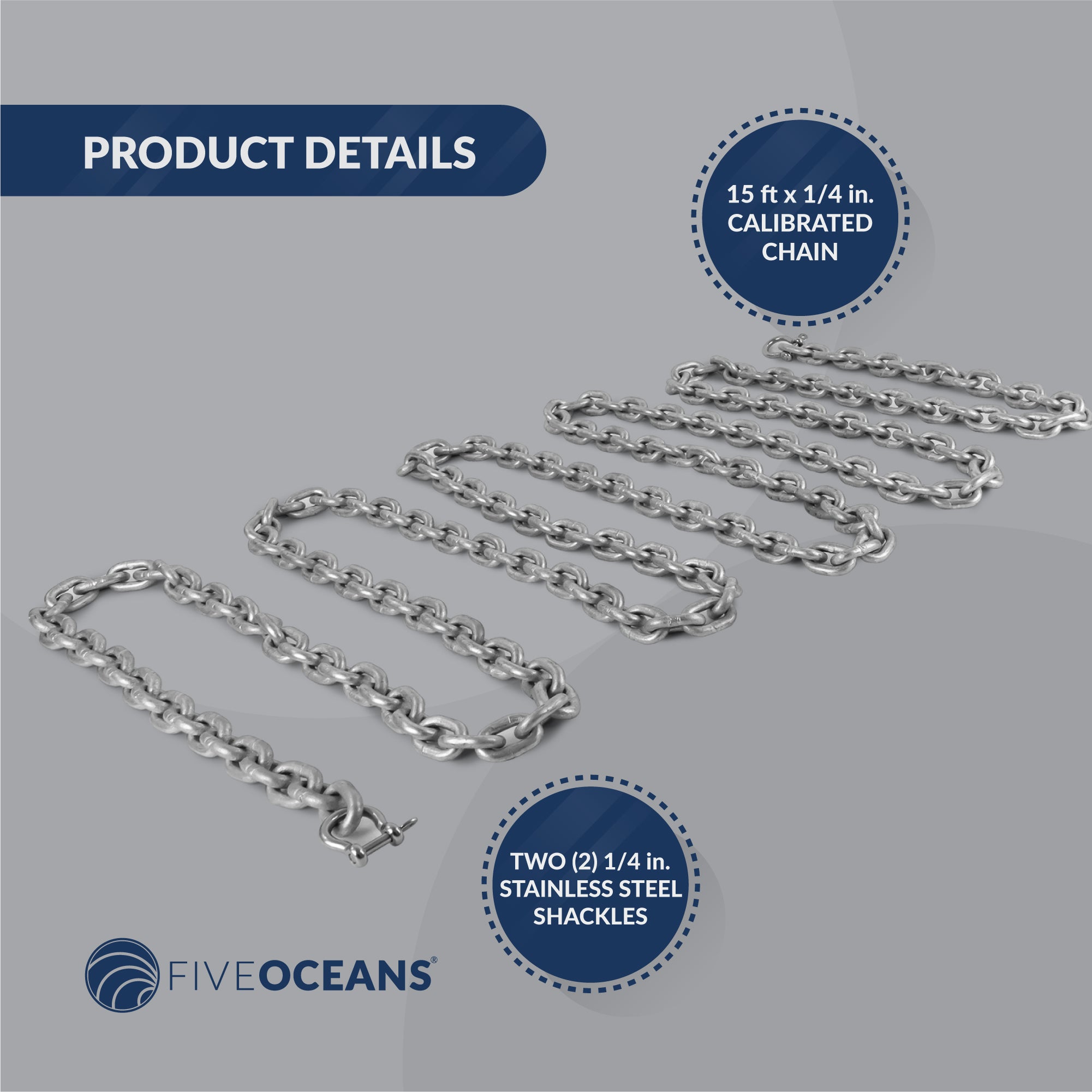Boat Anchor Lead Chain with Shackles, 1/4" x 15', HTG4 Galvanized Steel - FO4489-G15 - Five Oceans