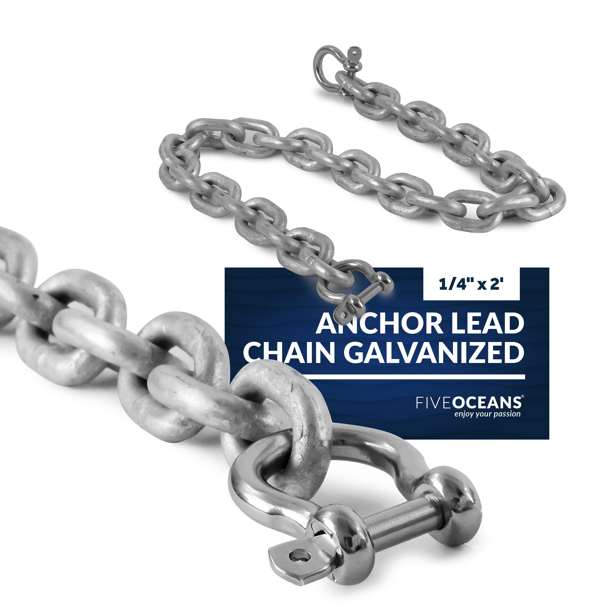 Boat Anchor Lead Chain  with Shackles, 1/4" x 2', HTG4 Galvanized Steel - FO4489-G2 - Five Oceans
