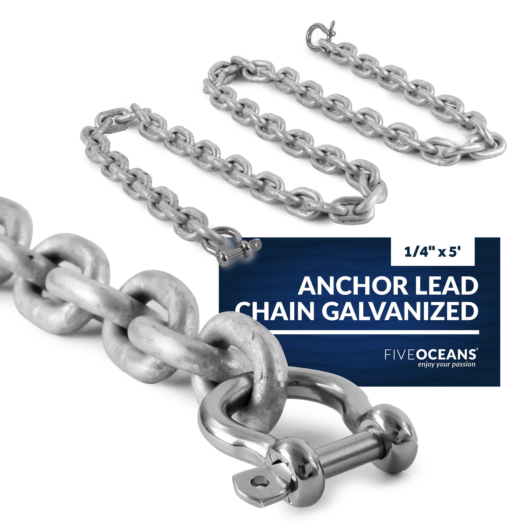 Boat Anchor Lead Chain with Shackles,  1/4" x 5', HTG4 Galvanized Steel - FO4489-G5 - Five Oceans
