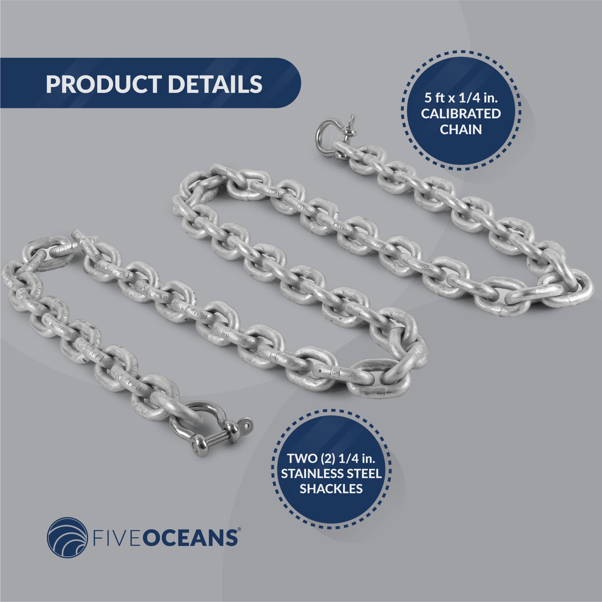 Boat Anchor Lead Chain with Shackles,  1/4" x 5', HTG4 Galvanized Steel - FO4489-G5 - Five Oceans