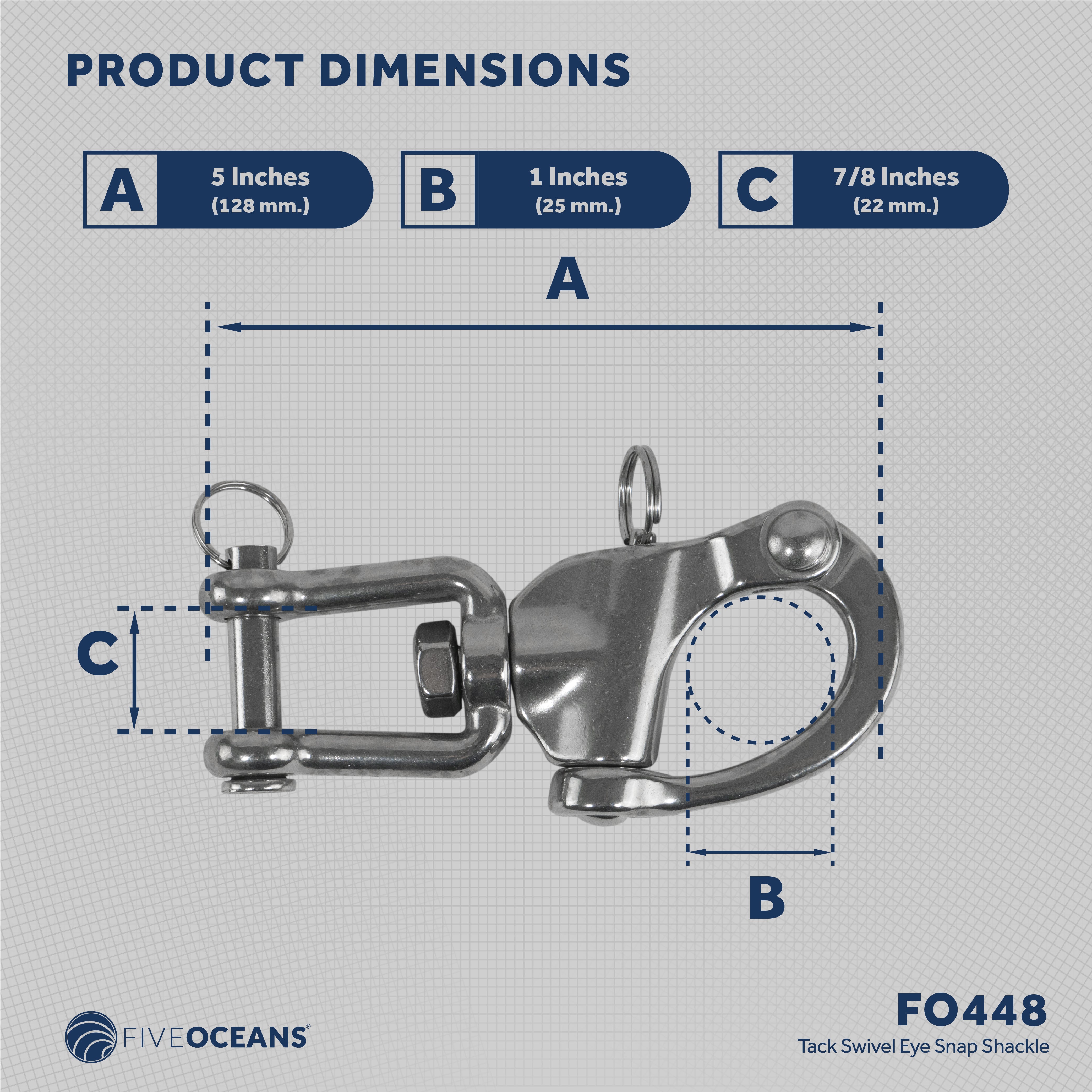 Jaw Swivel Eye Snap Shackle, 5" Stainless Steel - FO448