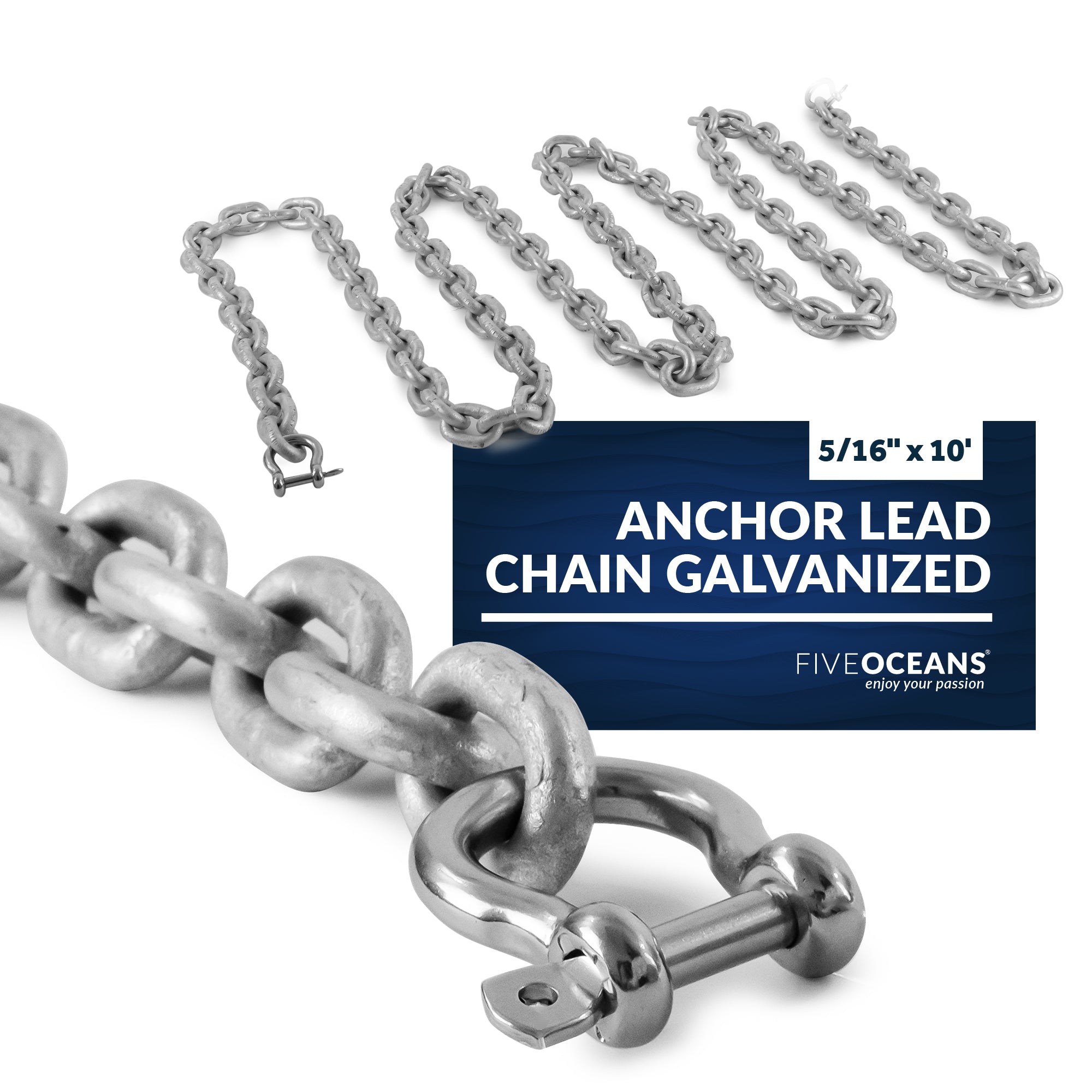 Boat Anchor Lead Chain with Shackles, 5/16" x 10', HTG4 Galvanized Steel - FO4490-G10 - Five Oceans