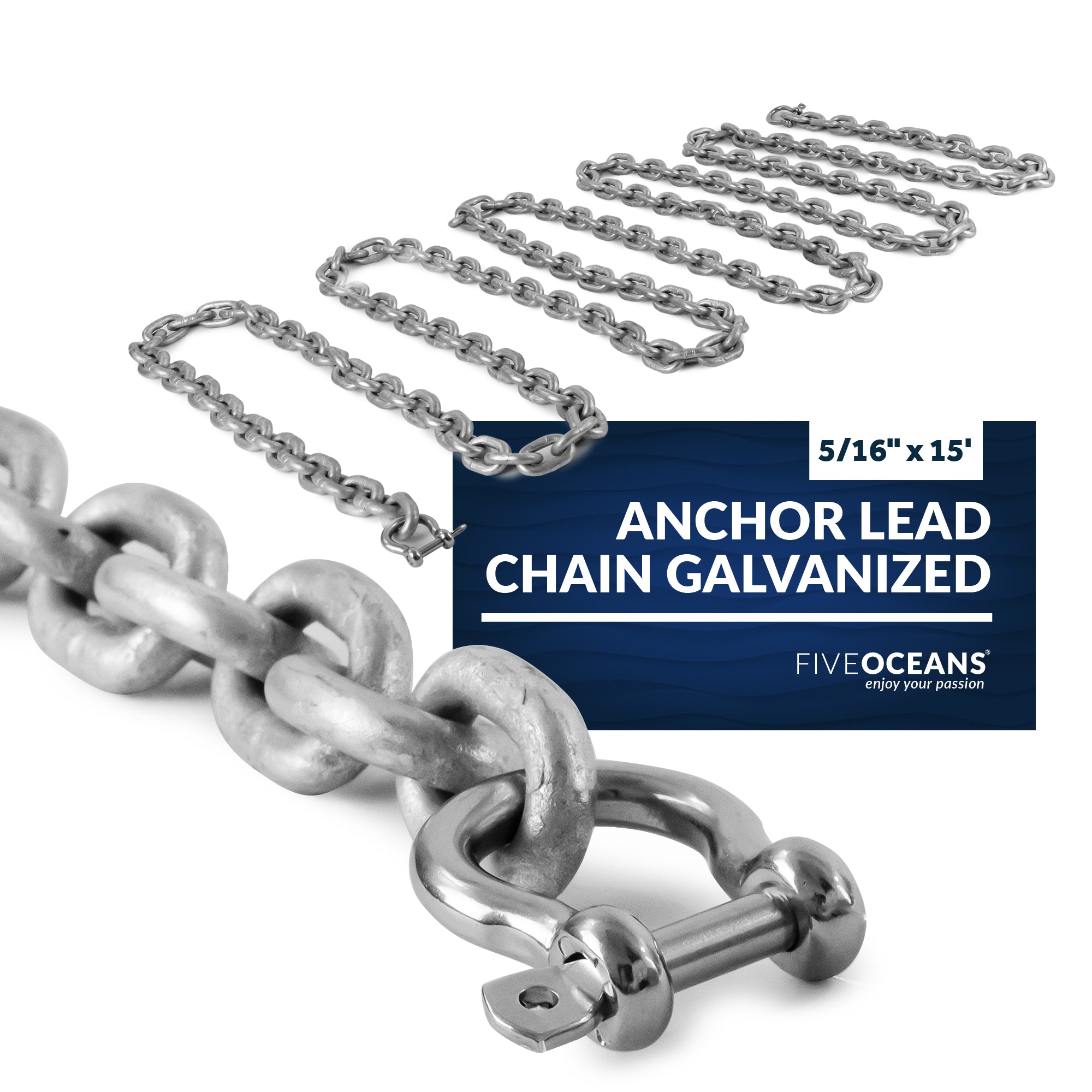 Boat Anchor Lead Chain with Shackles, 5/16" x 15', HTG4 Galvanized Steel - FO4490-G15 - Five Oceans