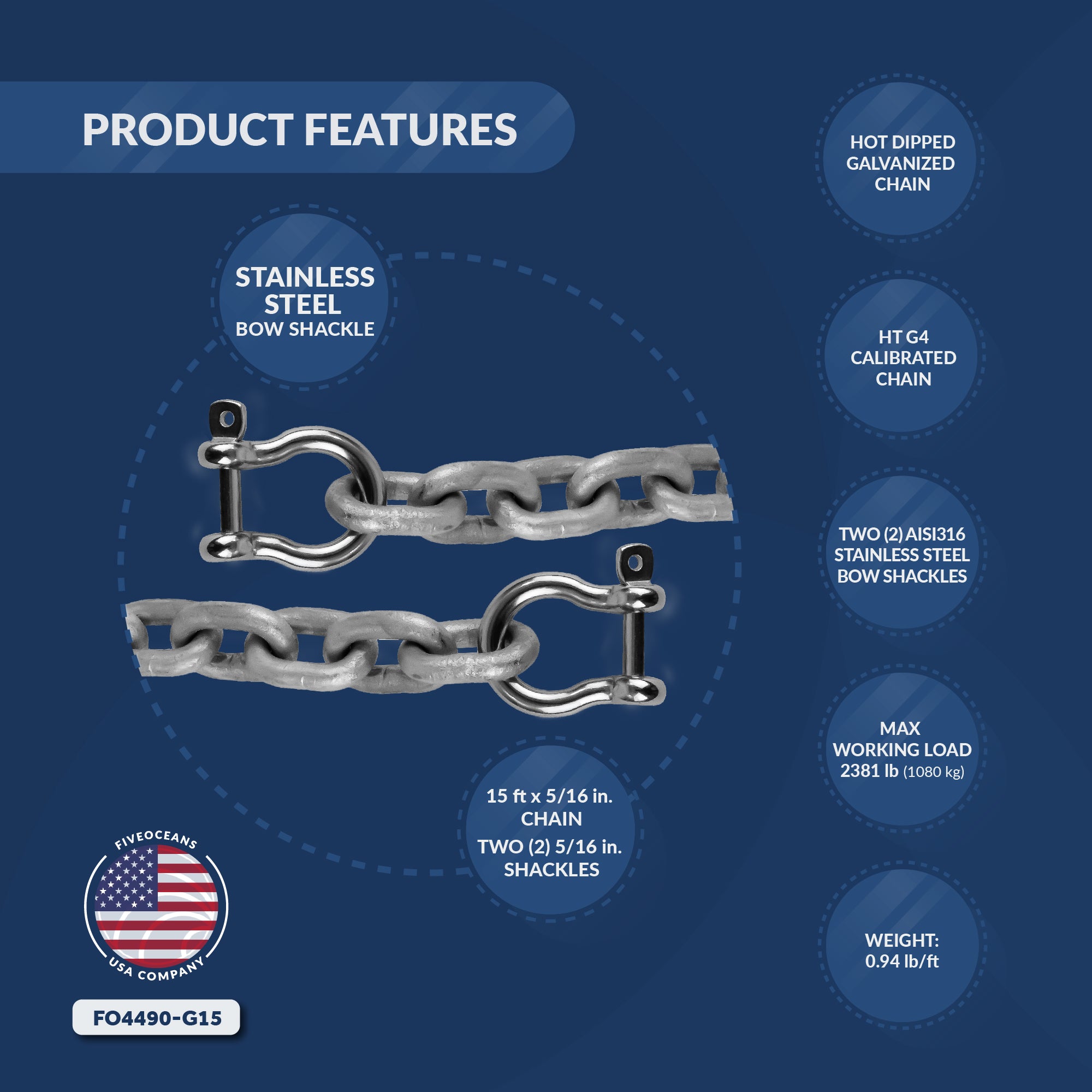 Anchor Lead Chain 5/16" x 15', HTG4 Galvanized Steel - FO4490-G15