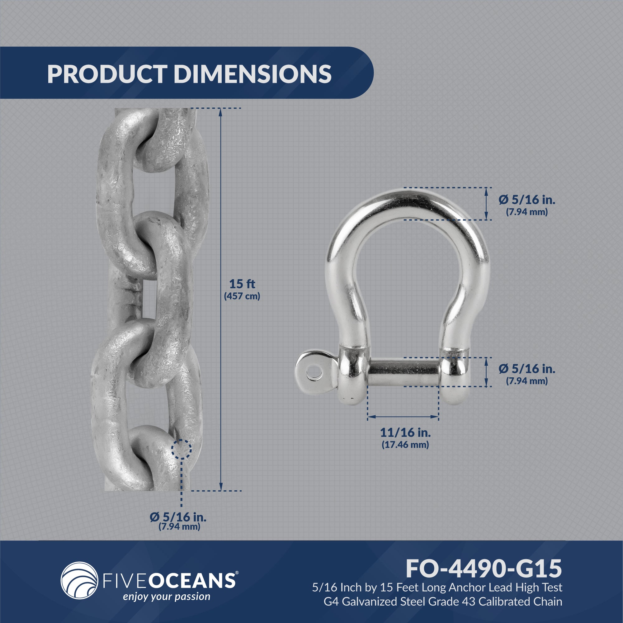 Anchor Lead Chain 5/16" x 15', HTG4 Galvanized Steel - FO4490-G15