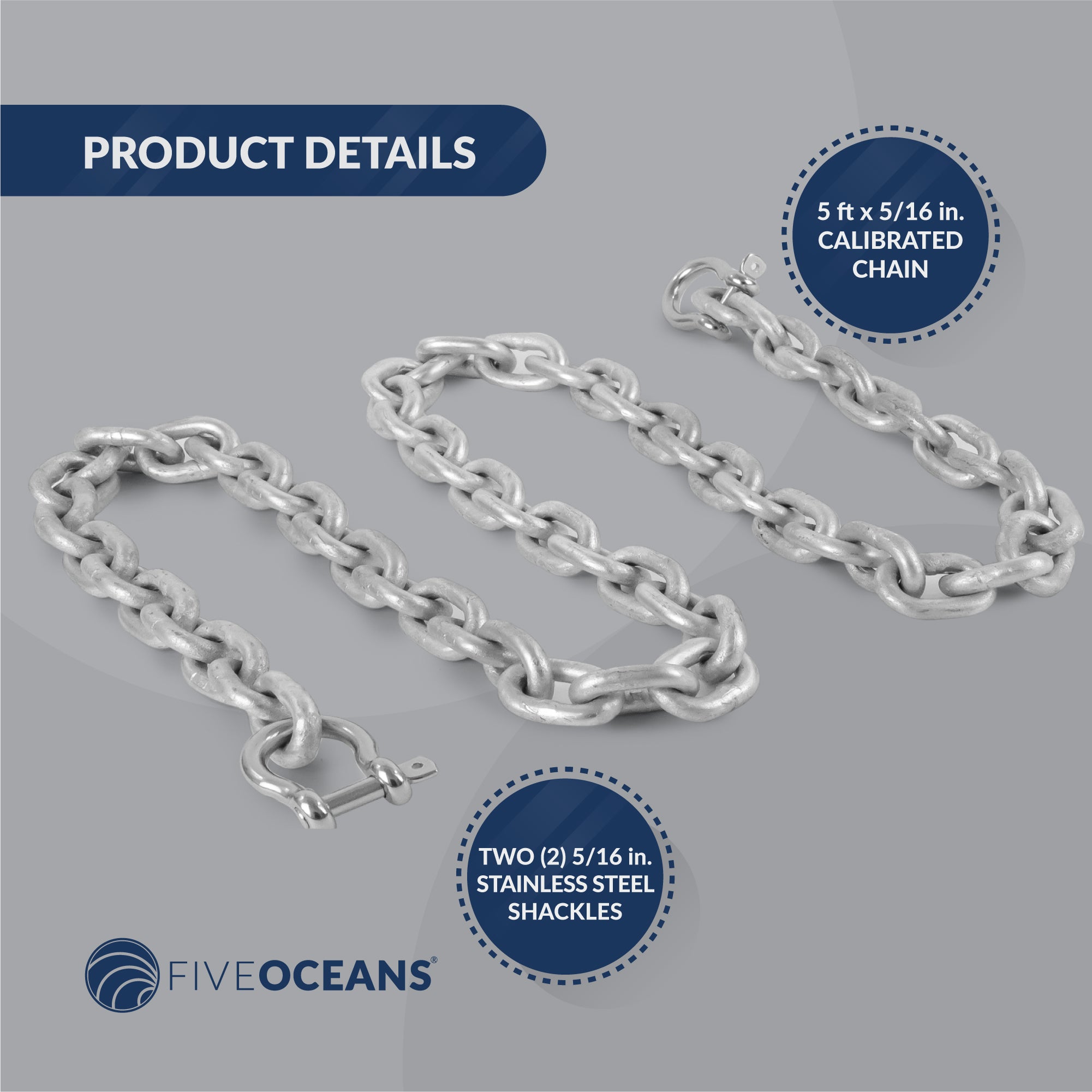 Boat Anchor Lead Chain with Shackles,  5/16" x 5', HTG4 Galvanized Steel - FO4490-G5 - Five Oceans