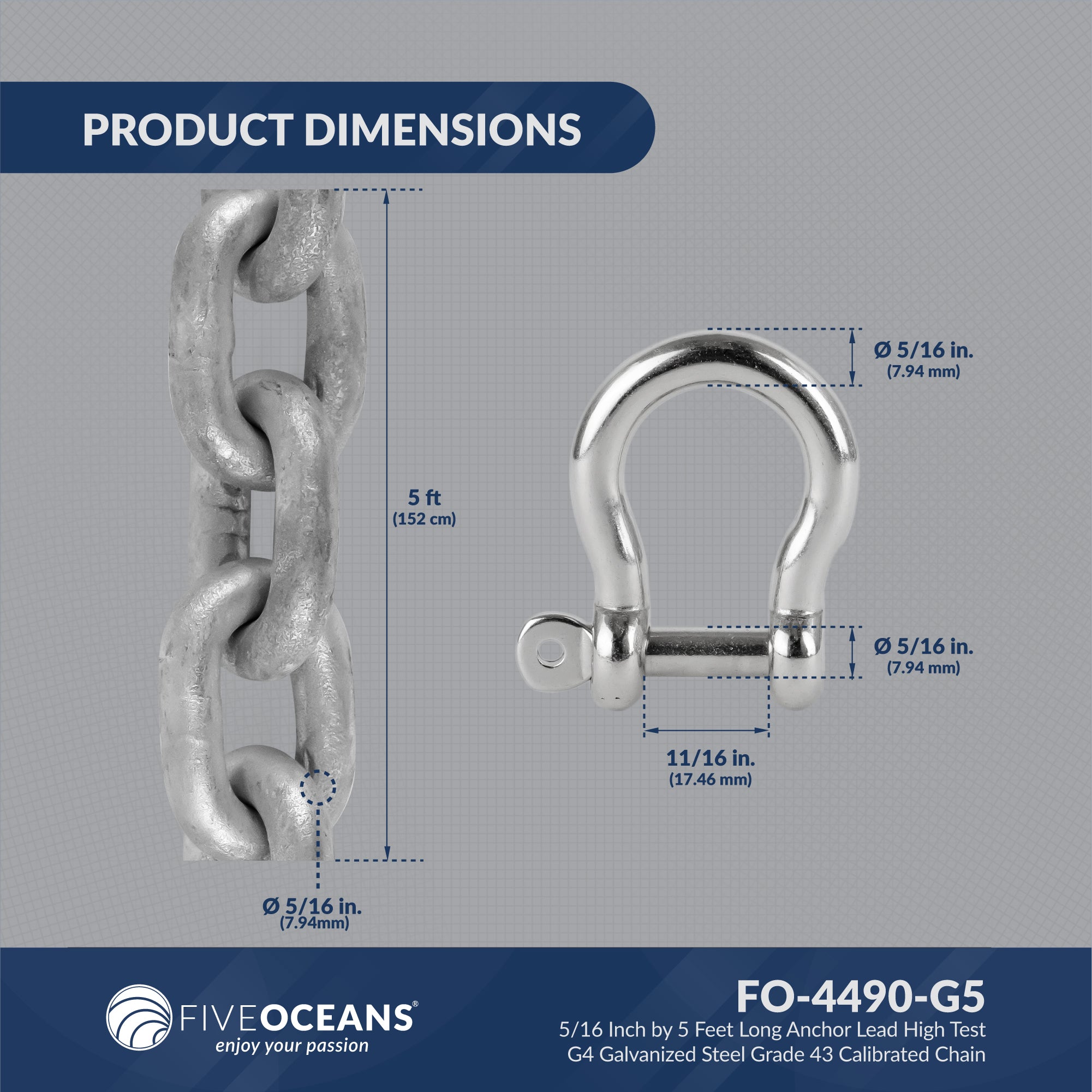 Boat Anchor Lead Chain with Shackles,  5/16" x 5', HTG4 Galvanized Steel - FO4490-G5 - Five Oceans