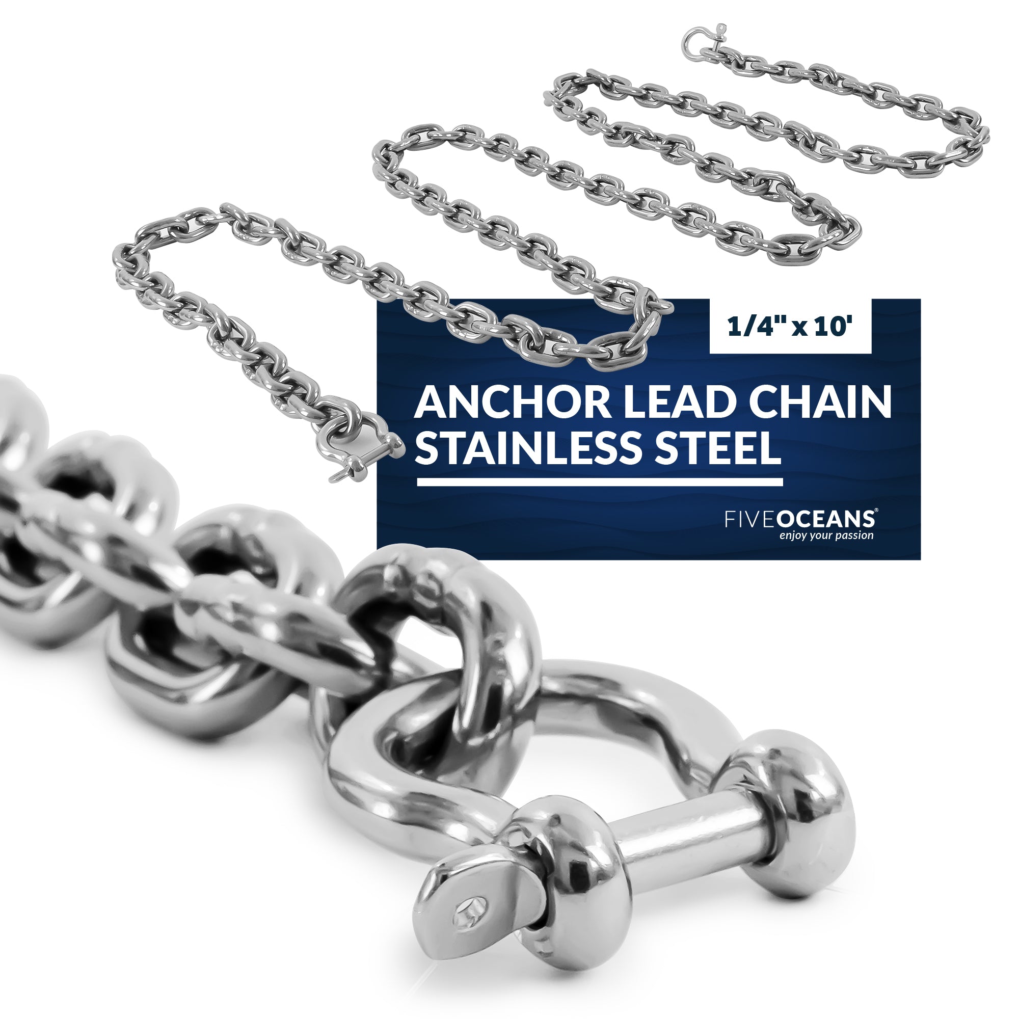 Boat Anchor Lead Chain with Shackles, 1/4" x 10', HTG4 Stainless Steel - FO4492-S10 - Five Oceans